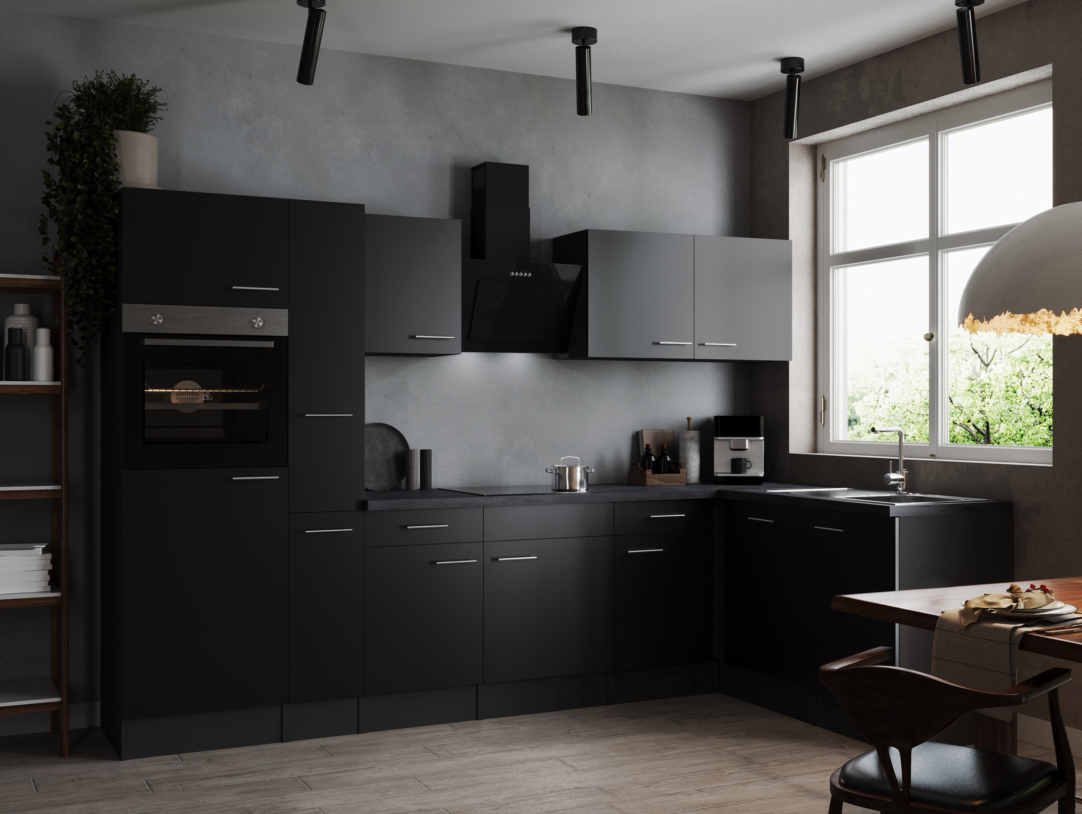 L Küche Küchenzeile Winkelküche Grau Matt Schwarz Oliver 310 x 172 cm Respekta