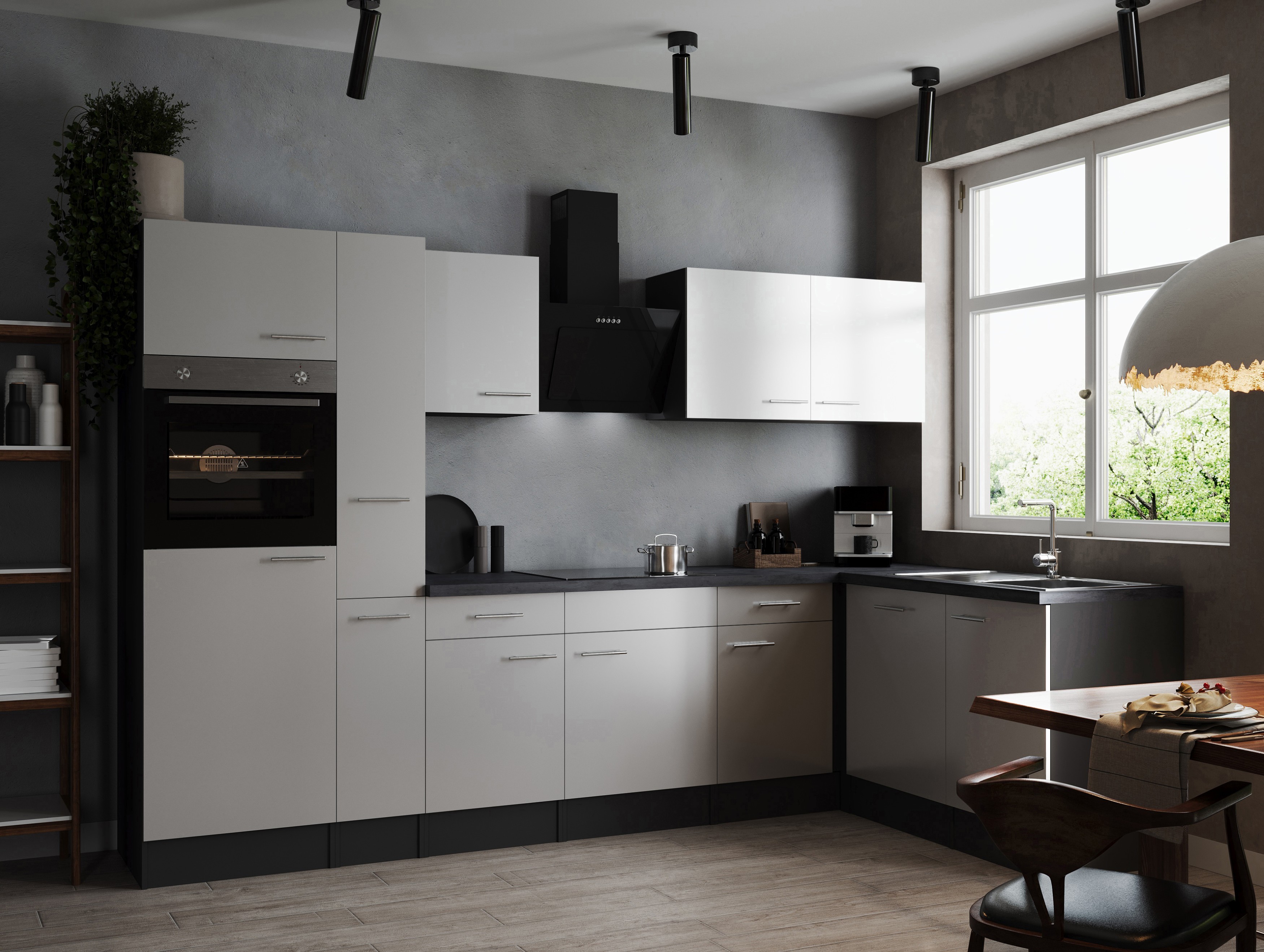 L Küche Küchenzeile Winkelküche Grau Matt Weiß Oliver 310 x 172 cm Respekta