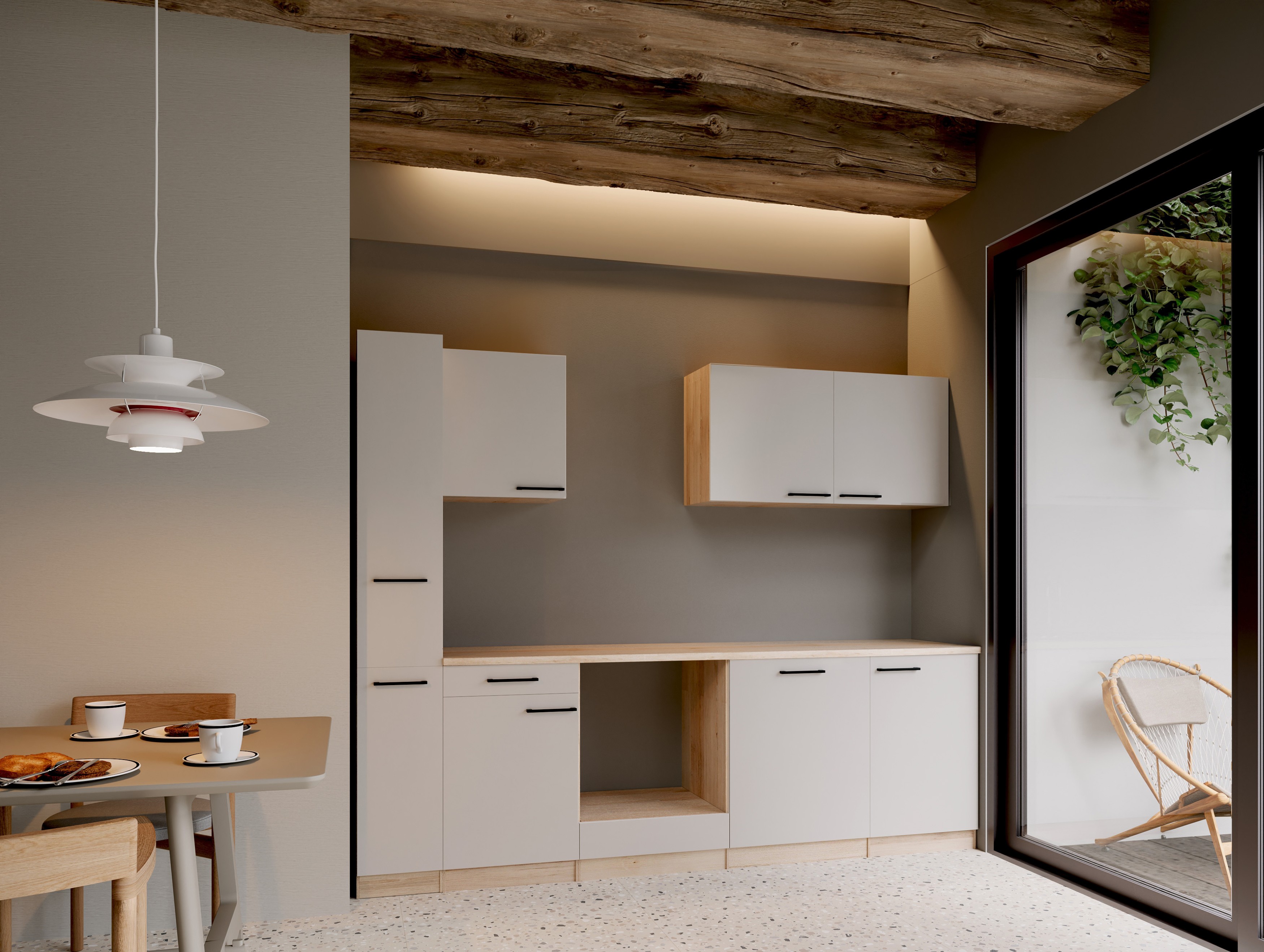 Respekta Küchenblock Leerblock Küchenzeile Merle 250 cm - Kaschmir / Eiche Sägerau Nachbildung