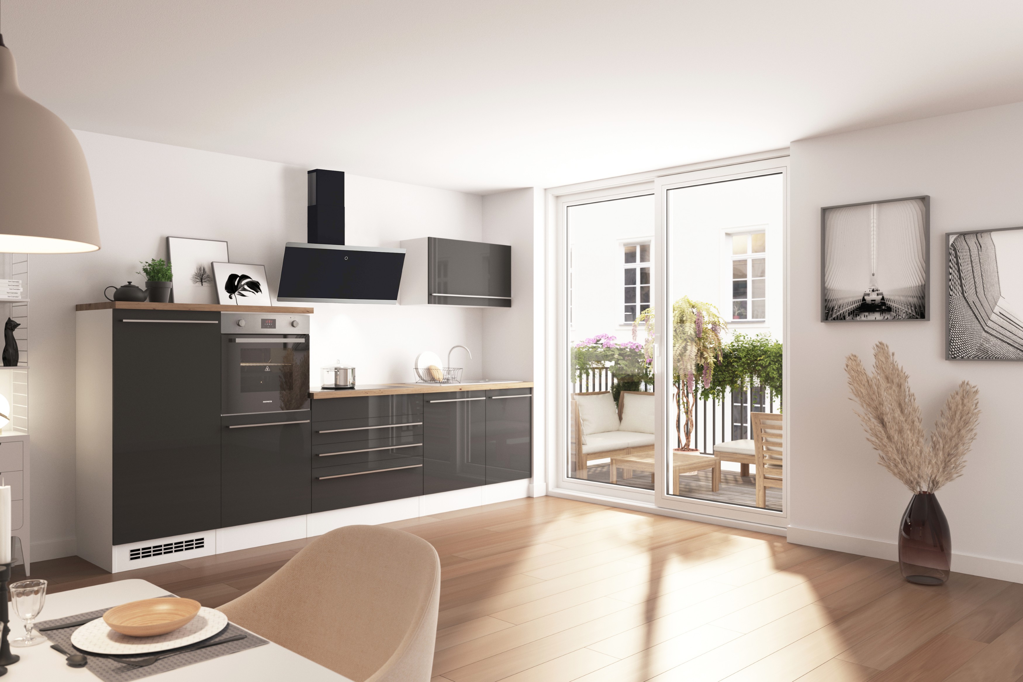 Küche Küchenzeile Küchenblock Einbauküche Induktion Grau Gabriel 320 cm Respekta Premium