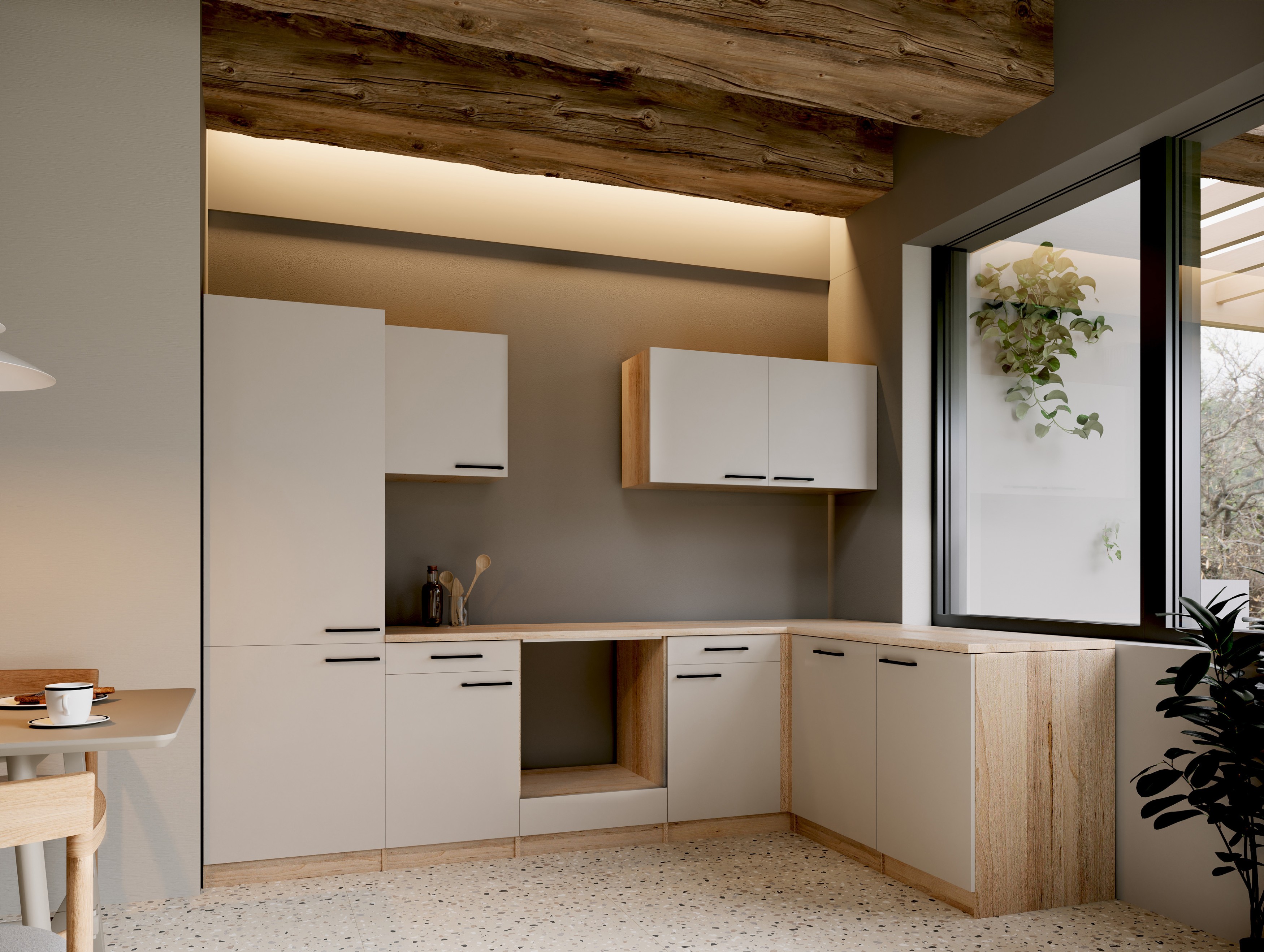 Respekta Winkelküche Leerblock Küchenzeile Merle 280 x 172 cm – Kaschmir / Eiche Sägerau Nachbildung