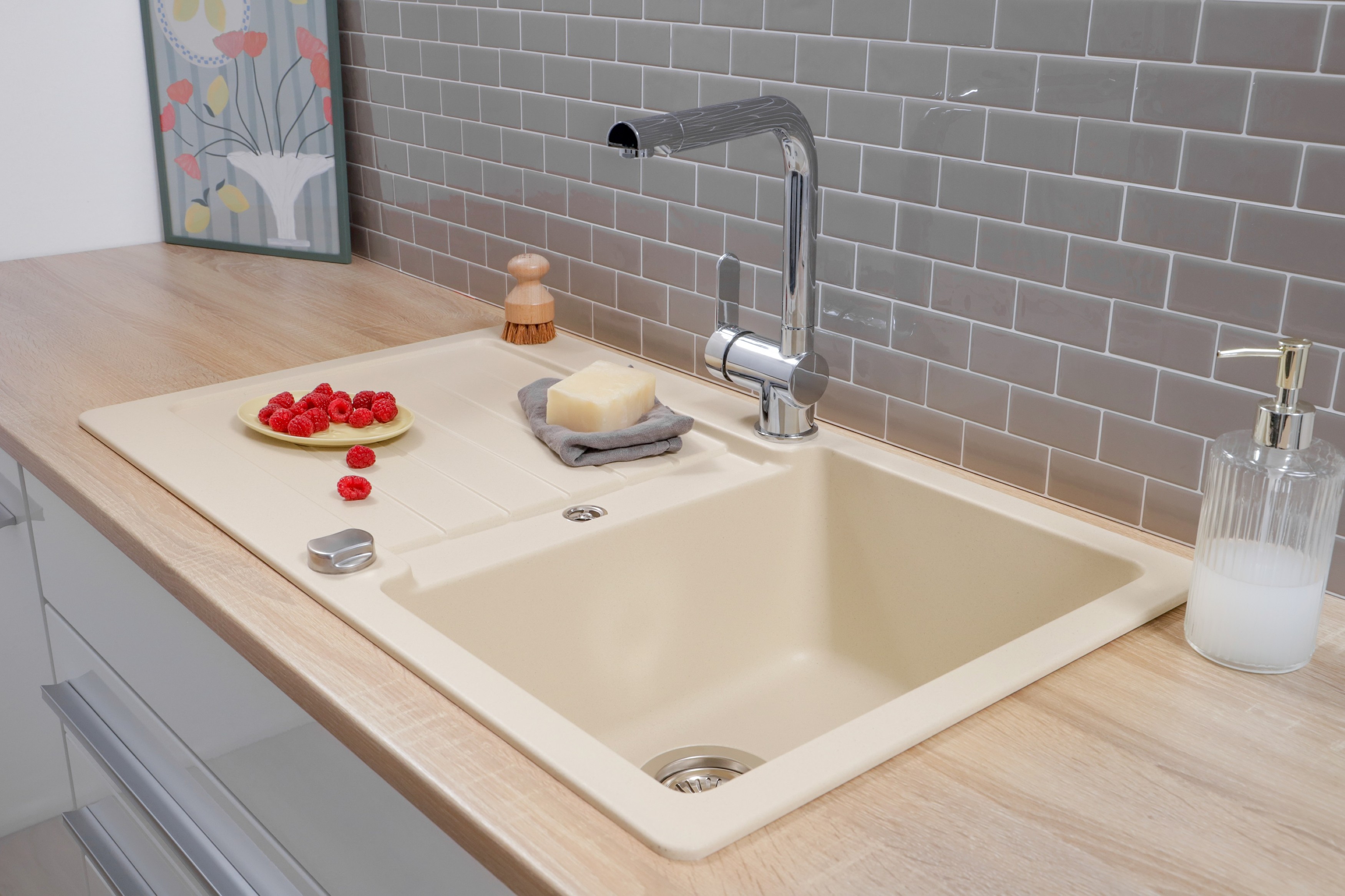 Küchenspüle Einbauspüle Spülbecken Granit 86 x 50 Vanille Creme Respekta Austin