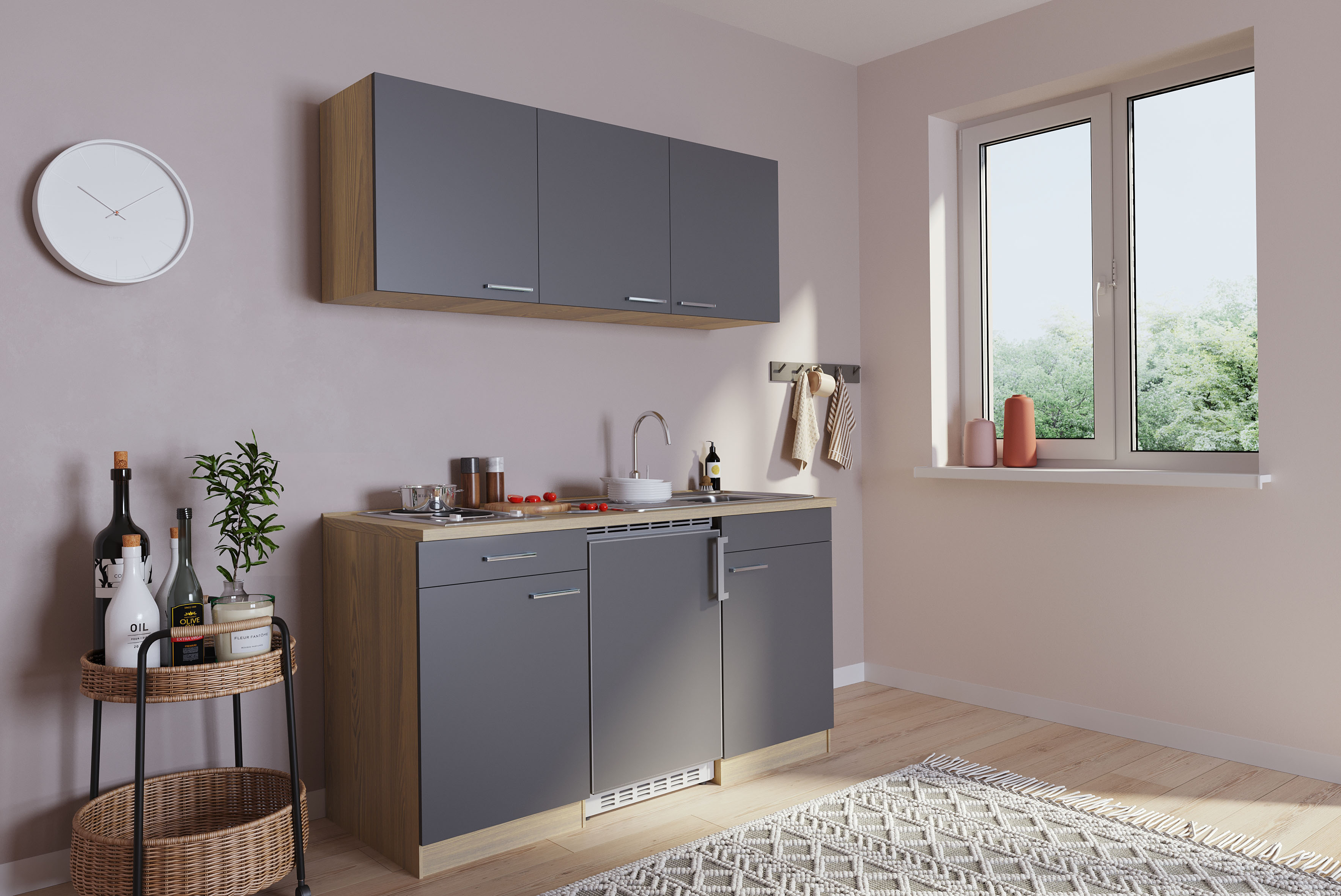 Küche Miniküche Singleküche Küchenzeile Pantry Eiche  Grau  Luis 150 cm Respekta