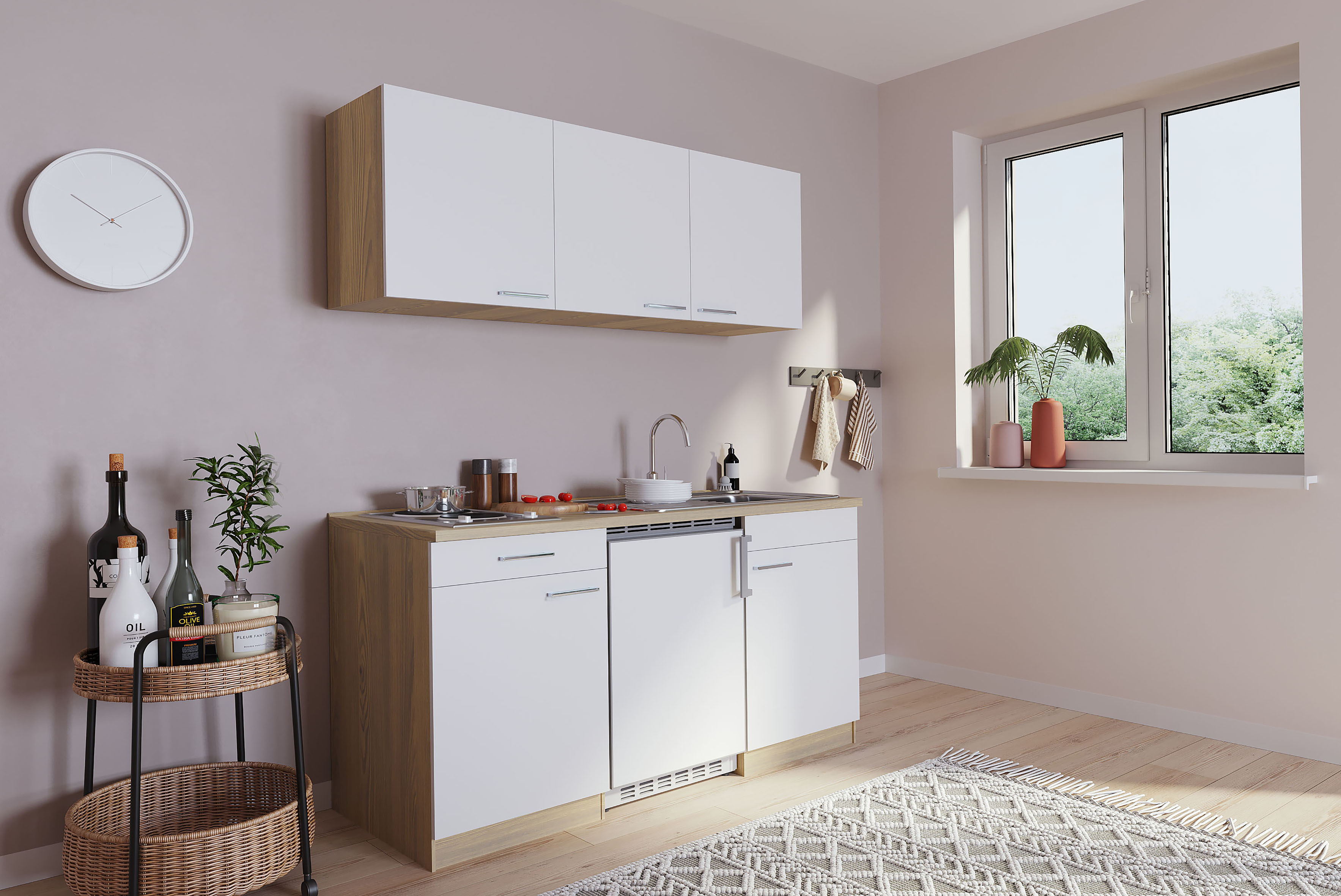 Küche Miniküche Singleküche Küchenzeile Pantry Eiche  Weiß  Luis 150 cm Respekta