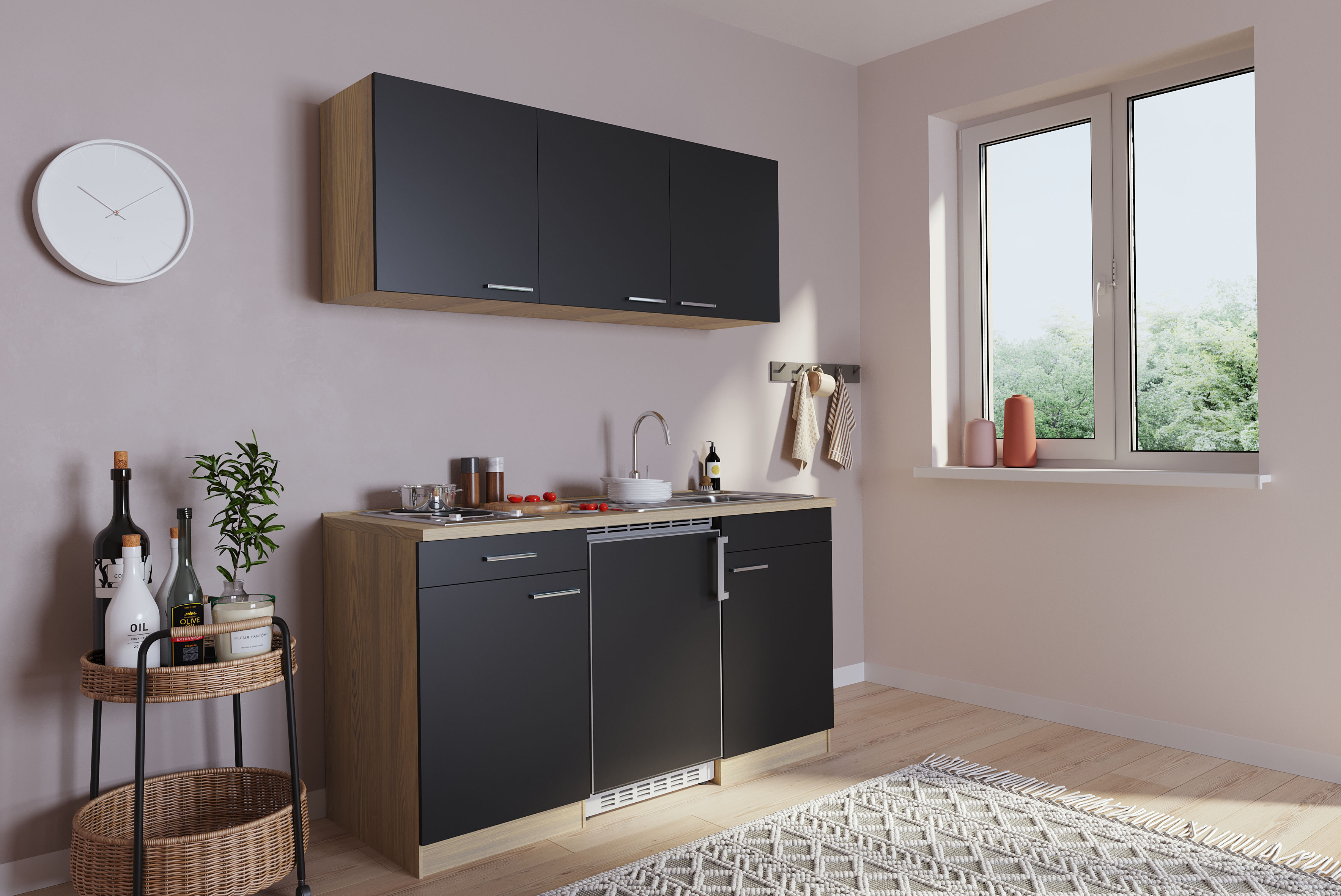 Küche Miniküche Singleküche Küchenzeile Pantry Eiche Schwarz Luis 150 cm Respekta