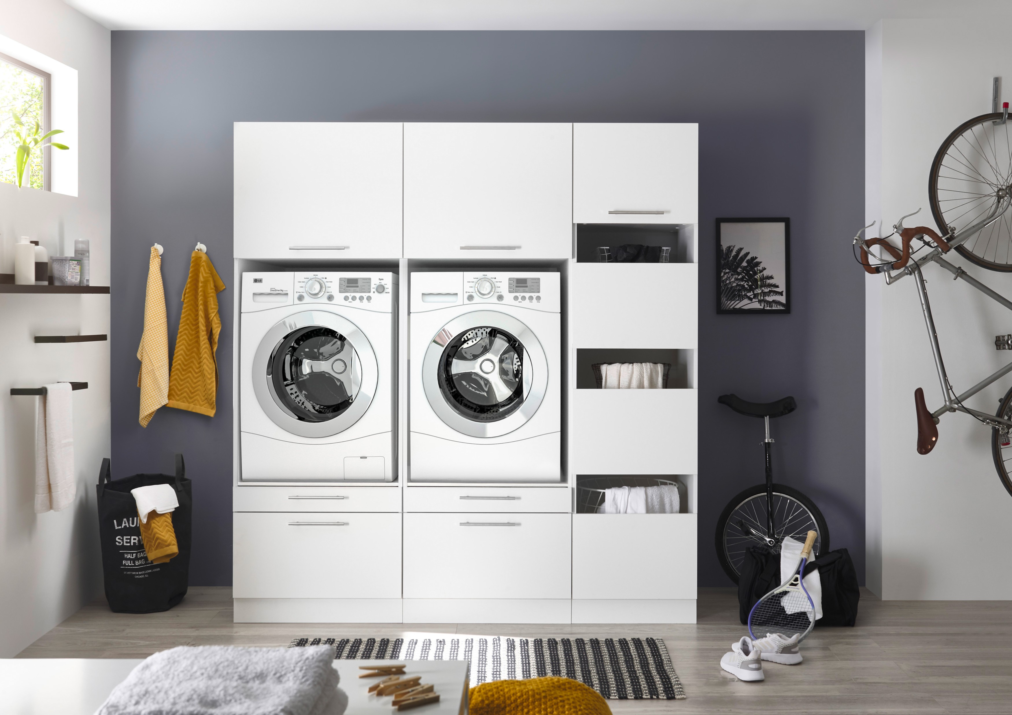 Waschmaschinenschrank Trockner Schrank Wäscheschrank 185 cm Weiß Clara Respekta