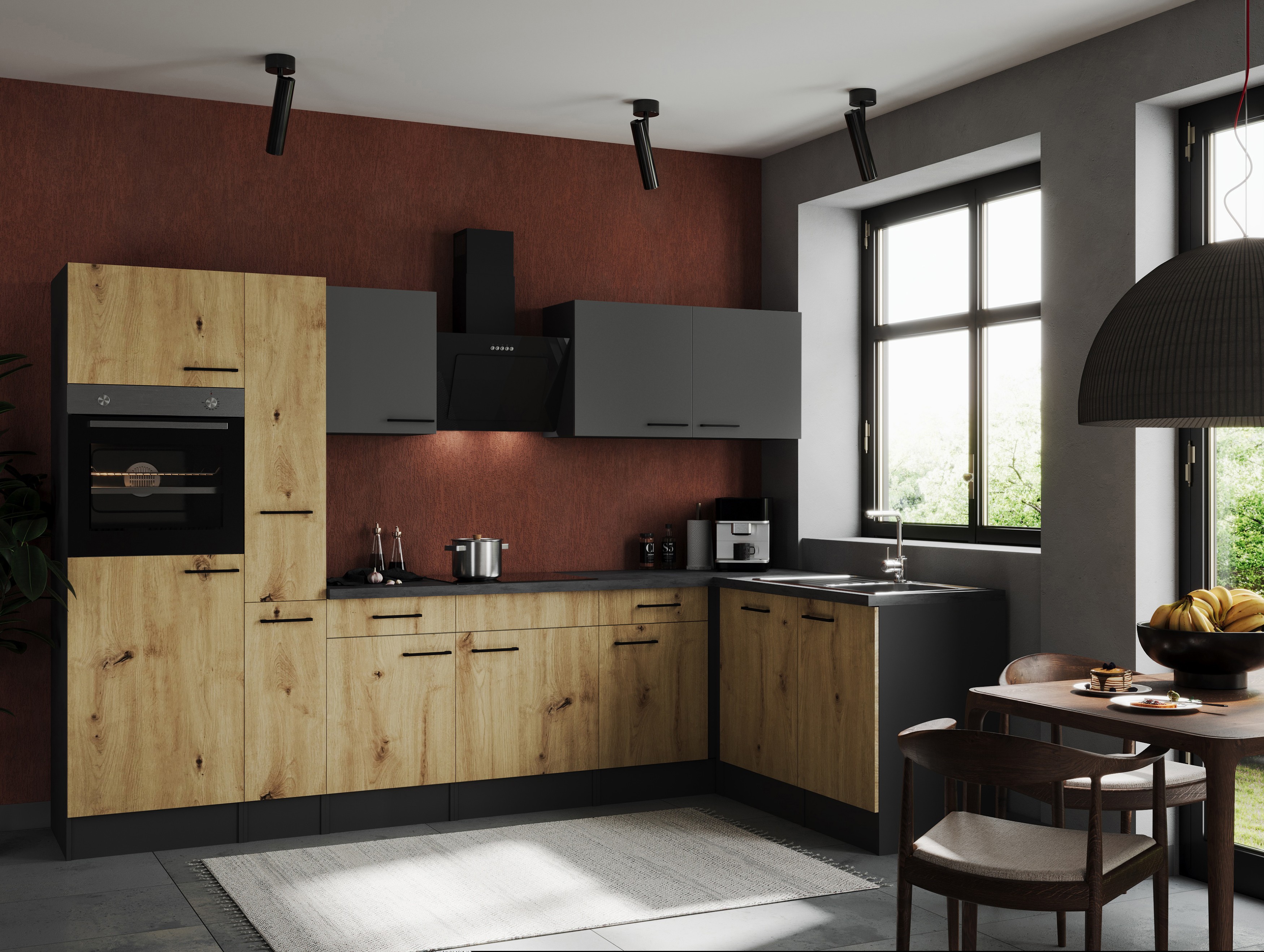 L Küche Küchenzeile Winkelküche Grau Matt Artisan Eiche Oliver 310 x 172 cm Respekta