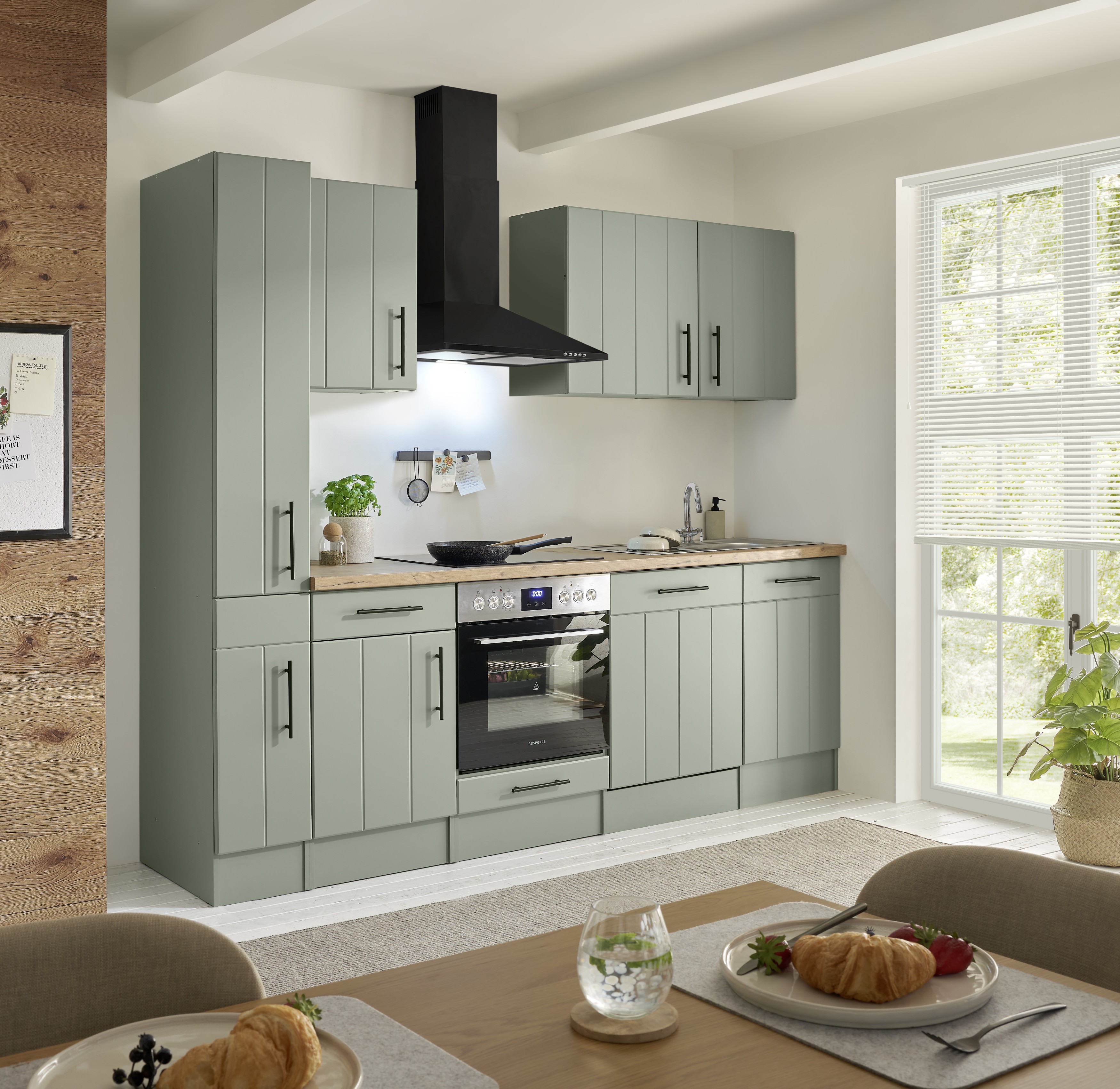 Küche Einbauküche Küchenzeile Landhaus Grün Anton 250 cm ohne Kühlschrank Respekta