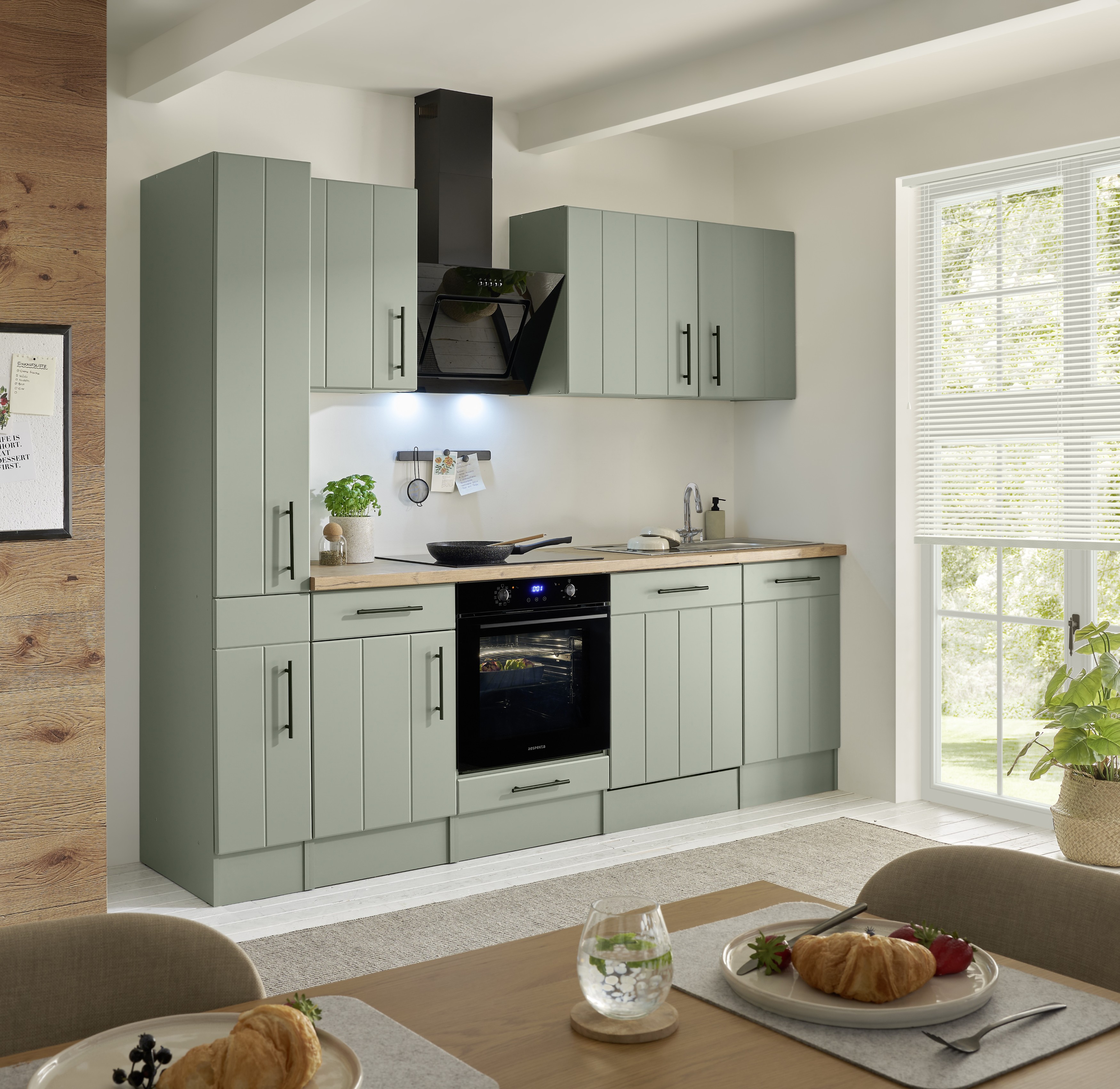 Küche Einbauküche Küchenzeile Landhaus Grün Anton 250 cm Induktion ohne Kühlschrank Respekta