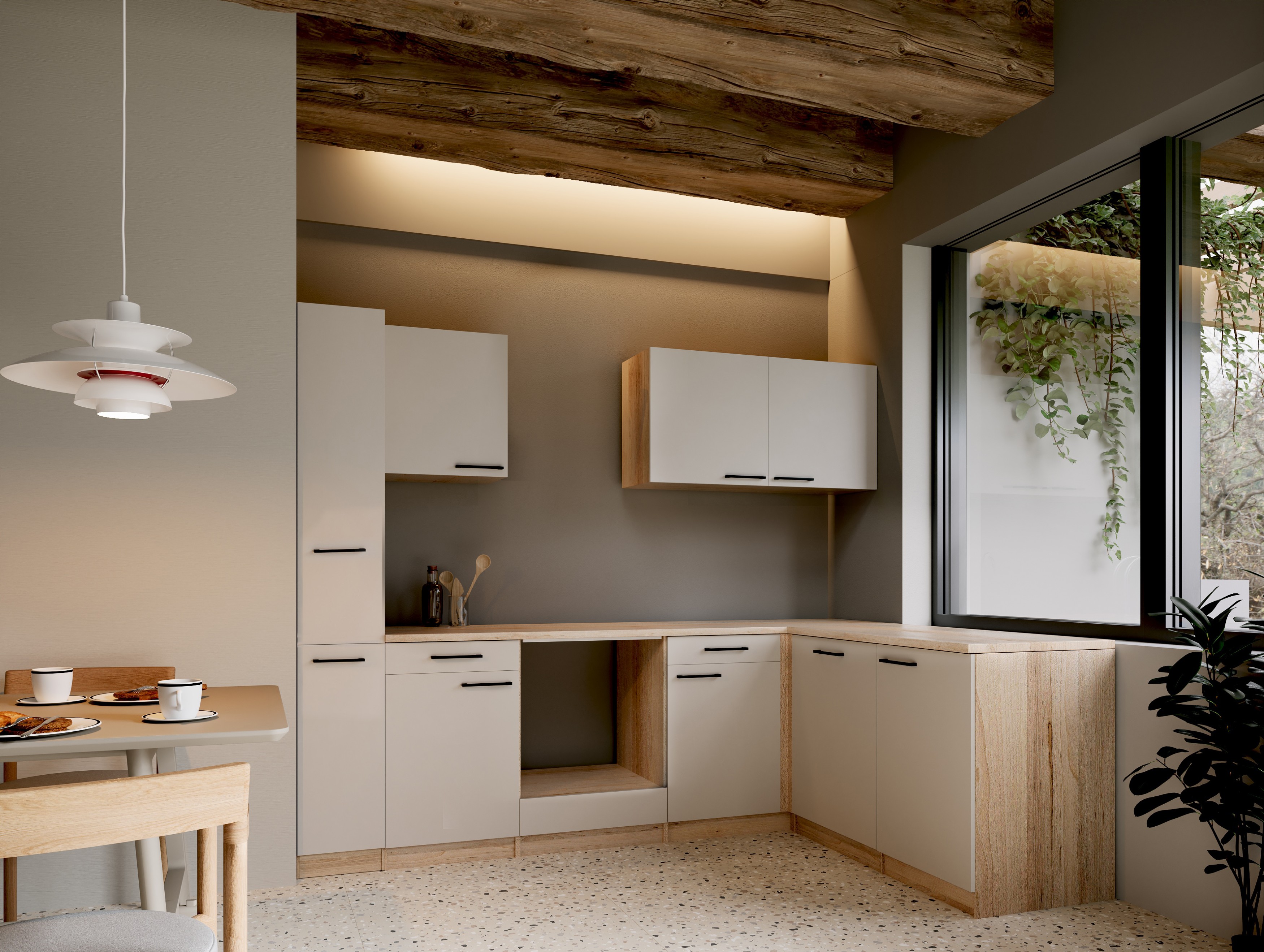 Respekta Winkelküche Leerblock Küchenzeile Merle 250 x 172 cm – Kaschmir / Eiche Sägerau Nachbildung
