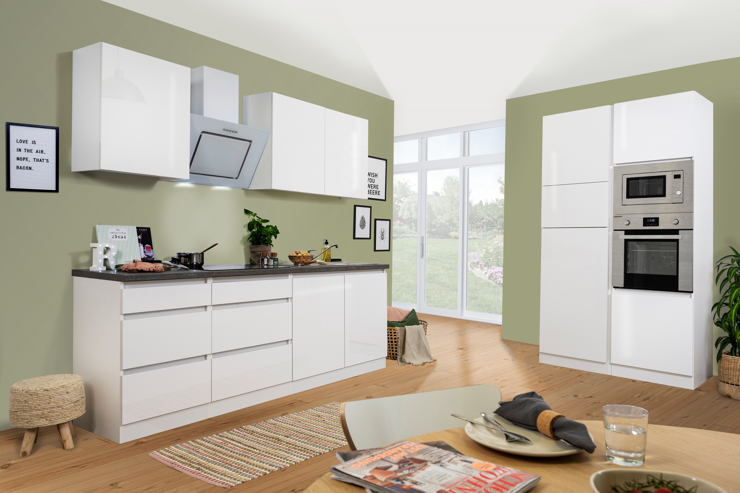 respekta Küche Küchenzeile Küchenblock grifflose Einbauküche 335 cm weiß Glanz