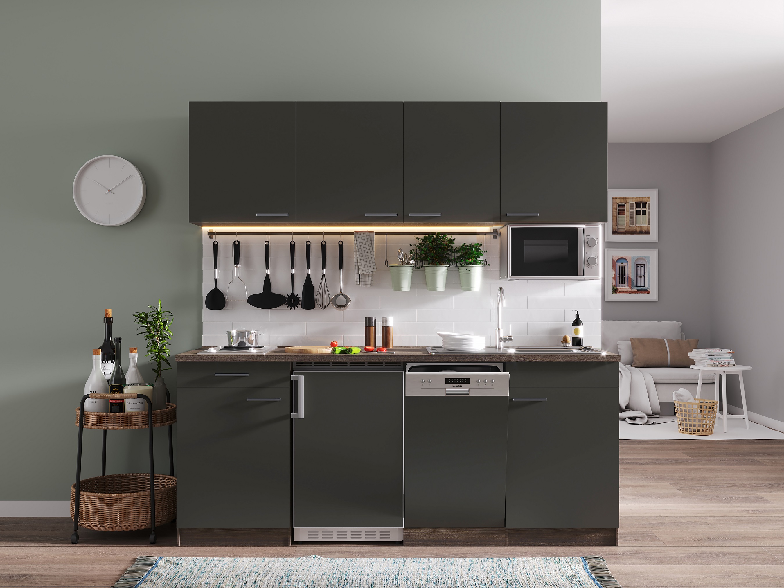 respekta Küche Küchenzeile Küchenblock Einbau Singleküche 195 cm Eiche York  grau | Küchenzeilen mit Geräten