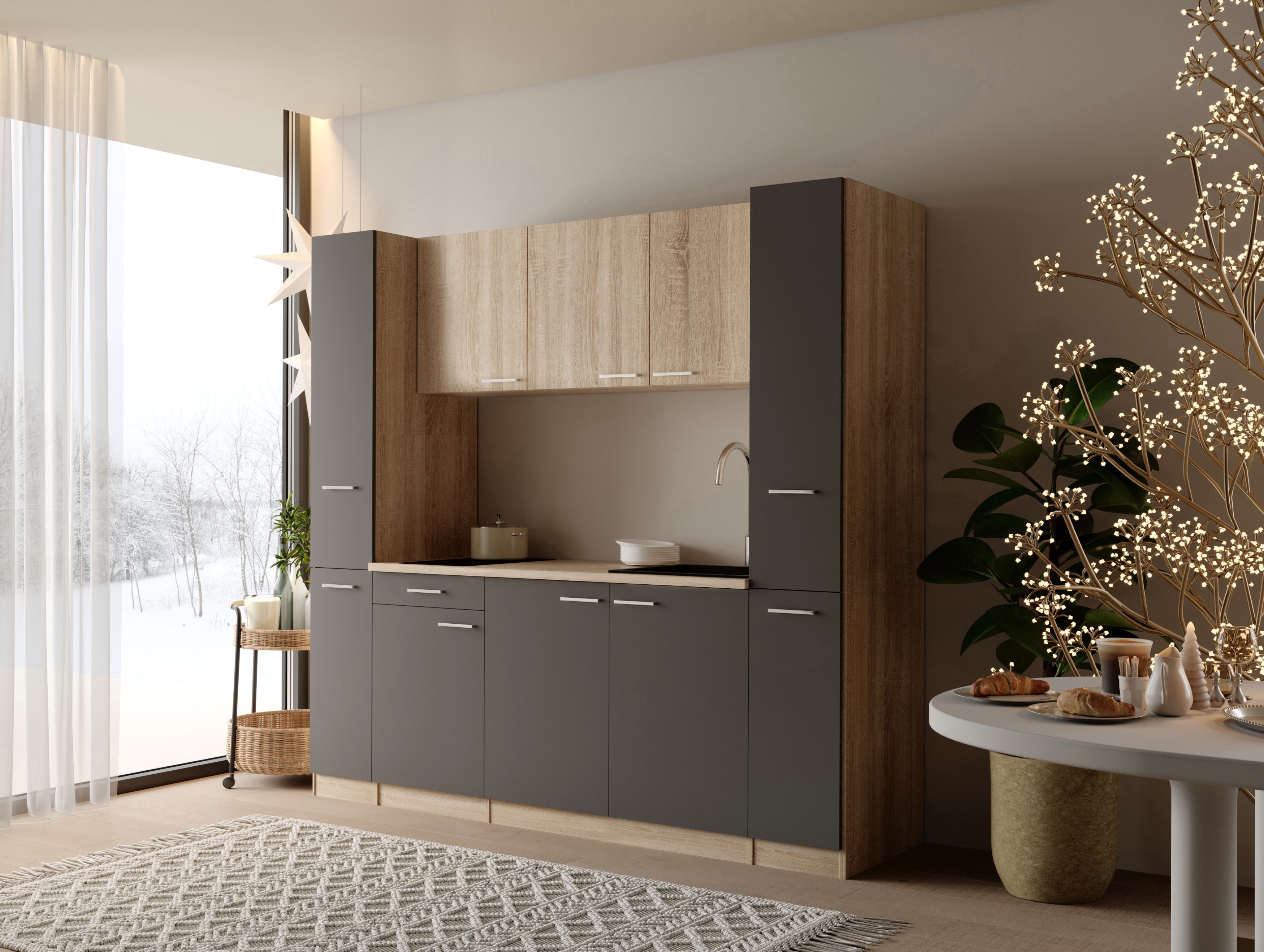 Küche Küchenzeile Singleküche Eiche Grau Ingrid 210 cm ohne Kühlschrank Respekta