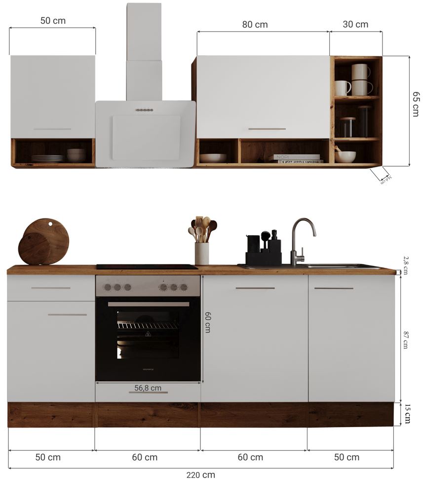 Küche Küchenzeile Küchenblock Einbauküche Eiche Weiß Hilde 220 cm  Respekta