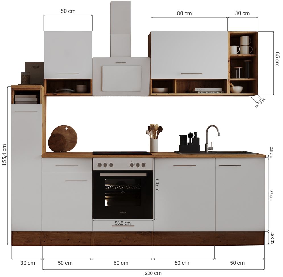 Küche Küchenzeile Küchenblock Einbauküche Eiche Weiß Hilde 250 cm  Respekta