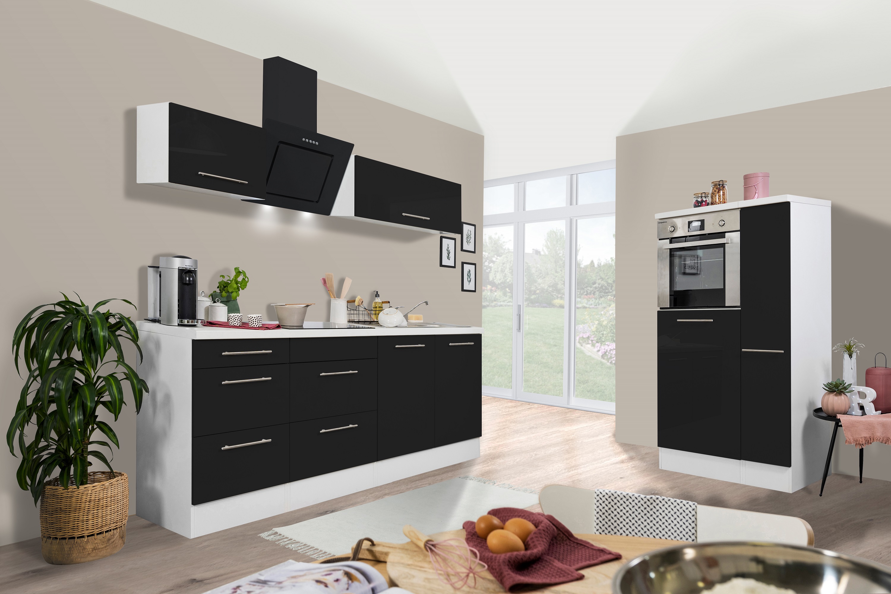 respekta Küchenzeile Küche Küchenblock Einbauküche 300 cm Hochglanz weiß schwarz