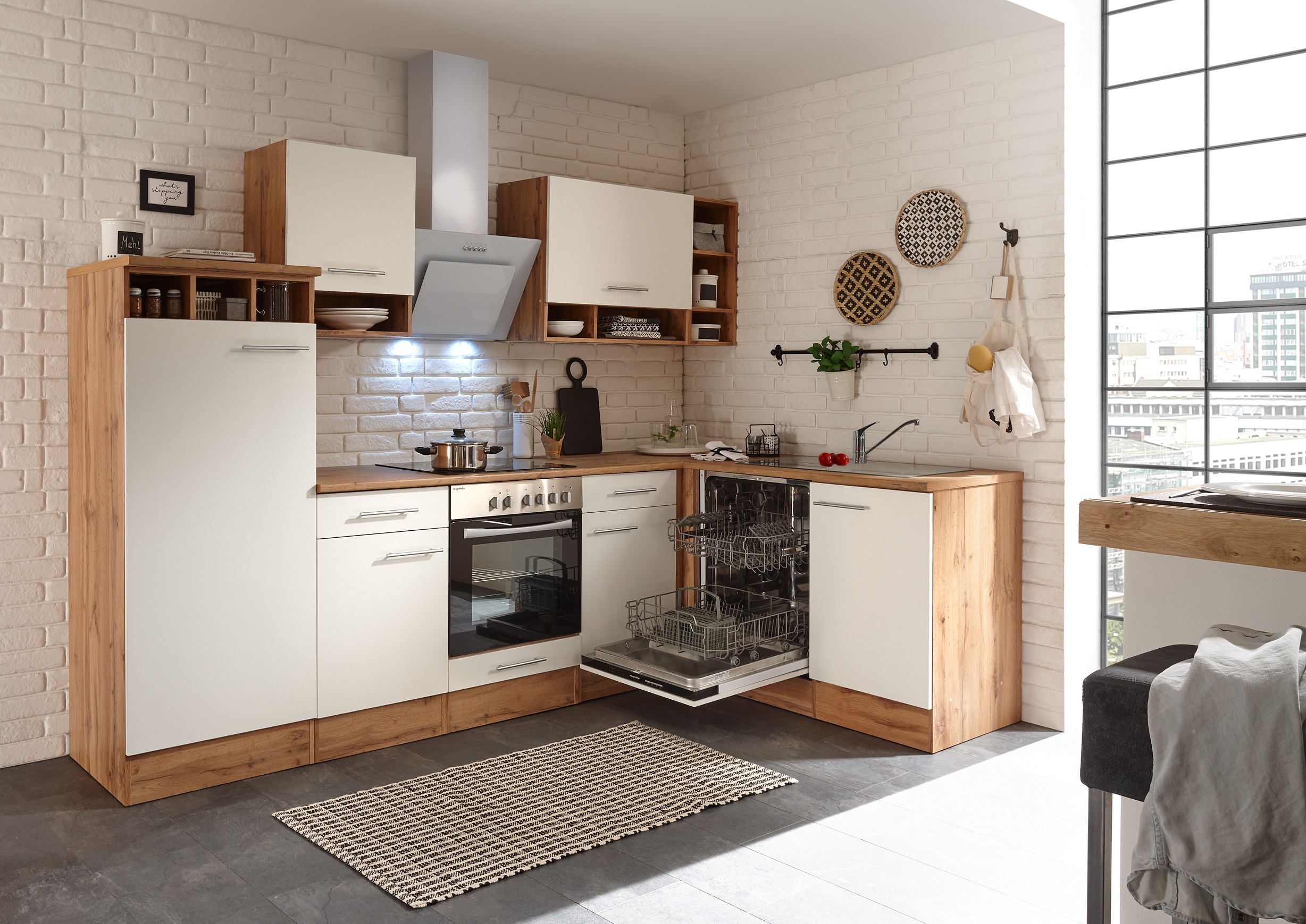 Winkelküche mit Geräten Einbauküche Küchenzeile L Form Eck Küche 270x165 cm weiß 