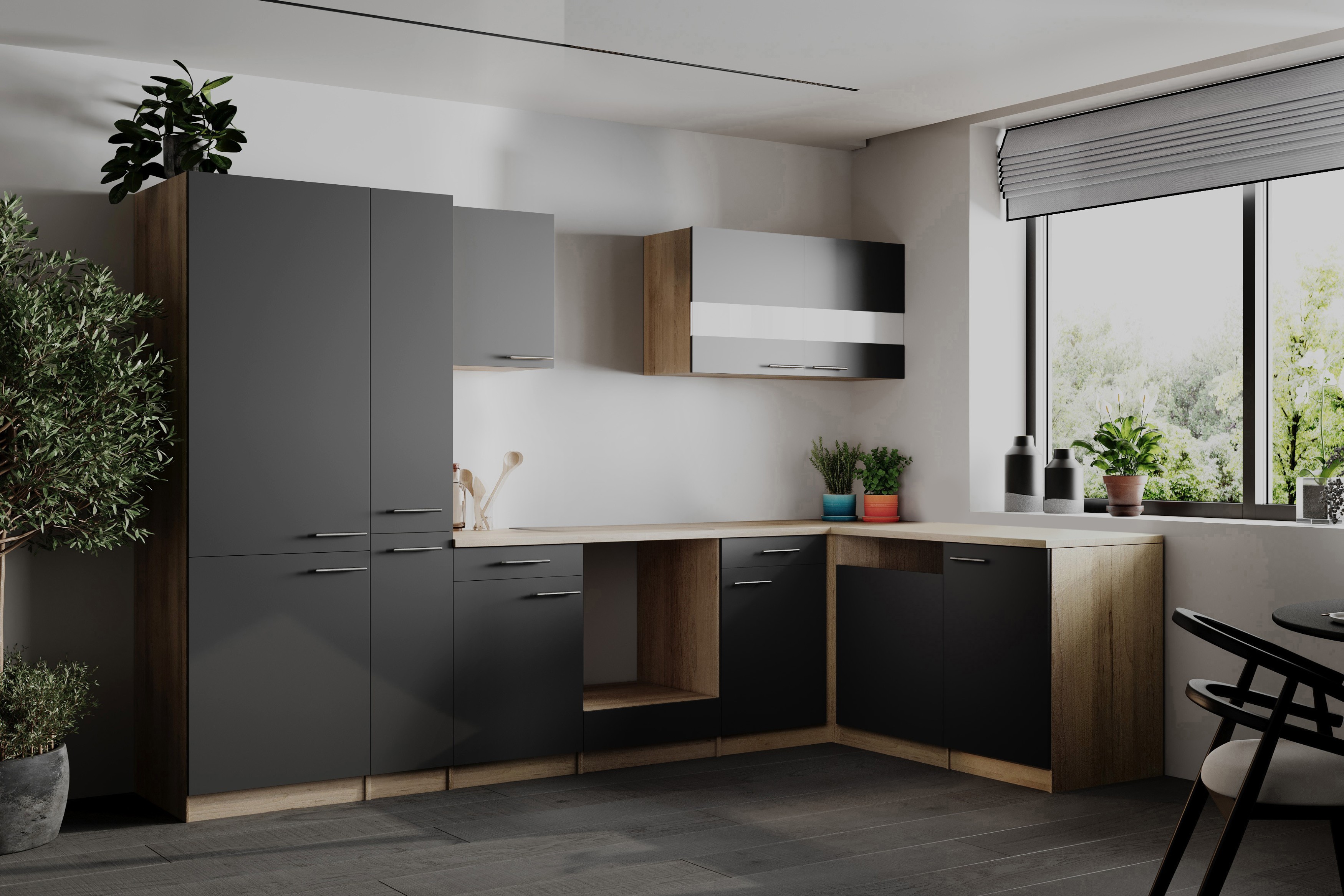 L Küche Einbau Winkelküche Leerblock Eiche Sägerau Grau Merle 310 cm Respekta