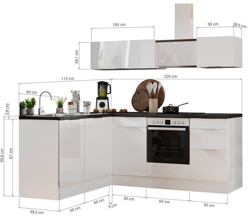Küche vormontierte L - Küche 220 x 175 cm wechselseitig aufbaubar incl. Geräte Respekta Selection Elisabeth Weiß 