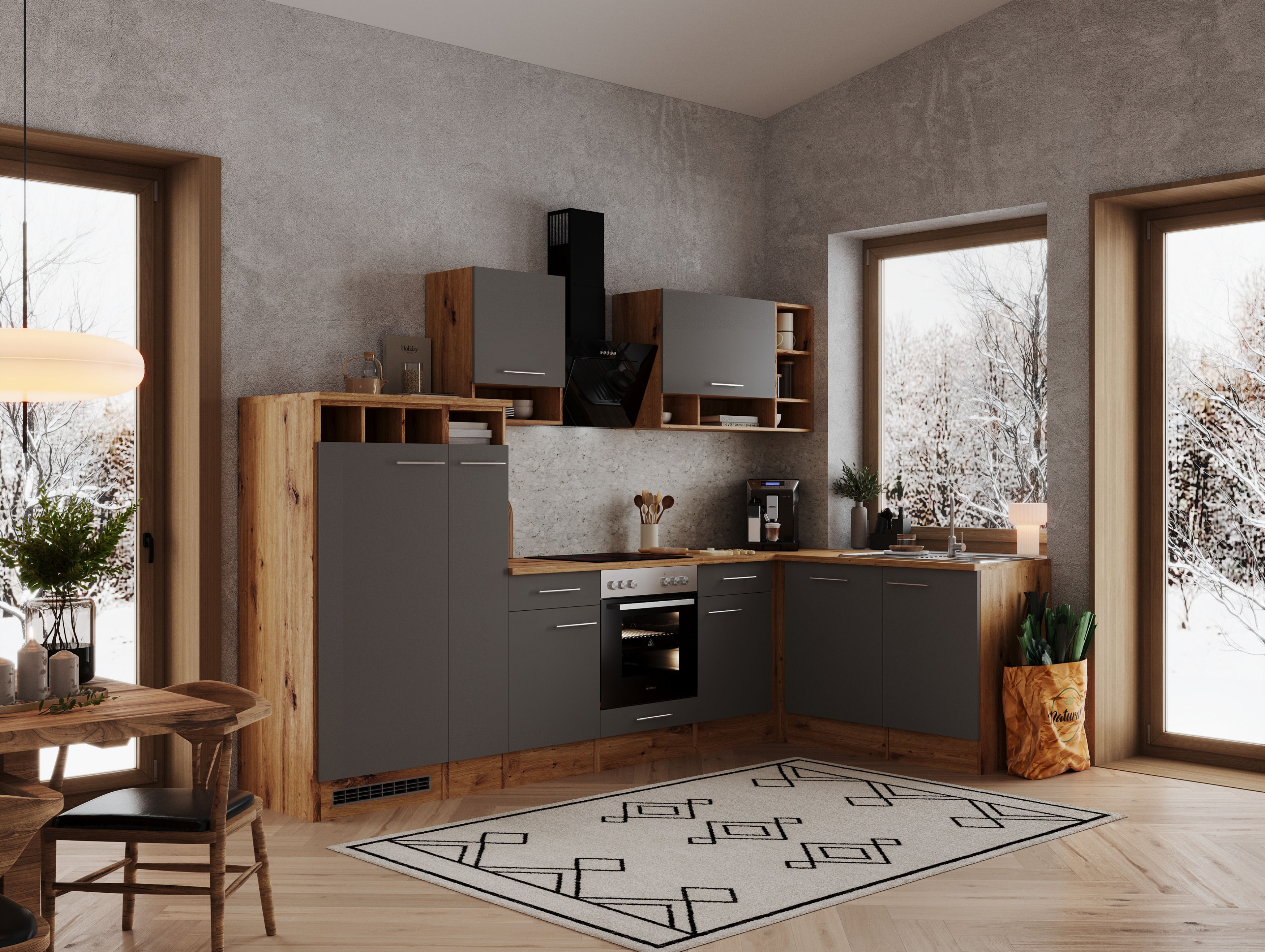 Küche Küchenzeile Leerblock Winkelküche Eiche Grau Hilde 310x172 cm Respekta