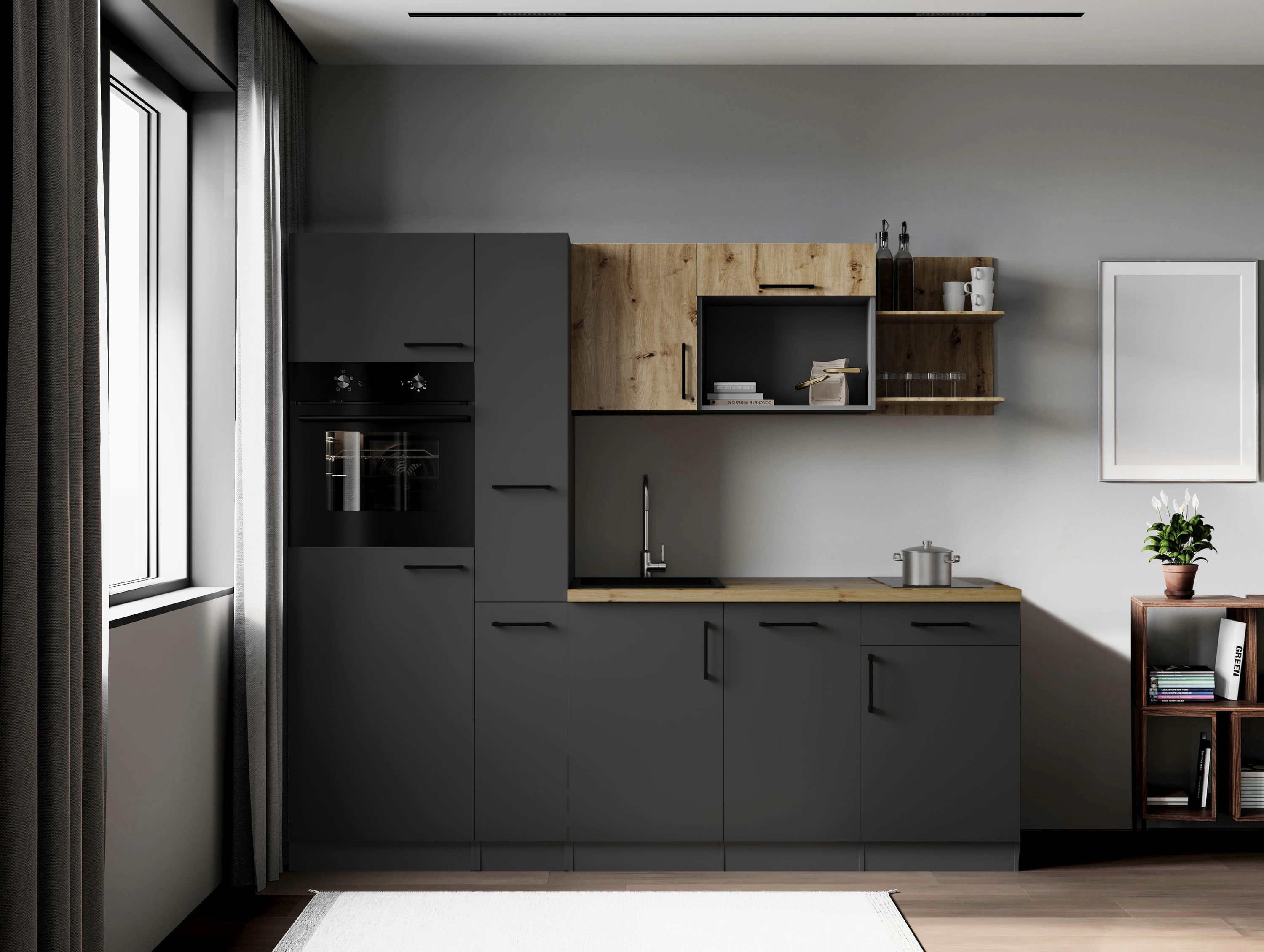 Respekta Küche Küchenzeile Oliver Singleküche 235 cm mit Fronten in – Grau Matt / Artisan Eiche Nachbildung