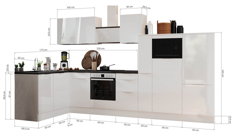 Küche vormontierte L - Küche 370 x 175 cm wechselseitig aufbaubar incl. Geräte Respekta Selection Elisabeth Grau 