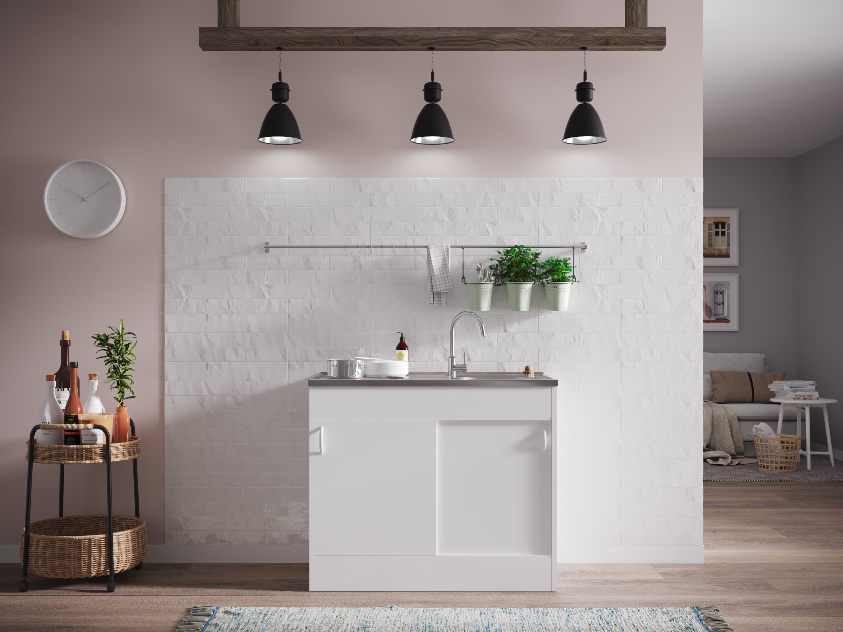 Komplettspüle Spüle Unterschrank mit Schiebetüren 100 x 50 cm Weiß Respekta