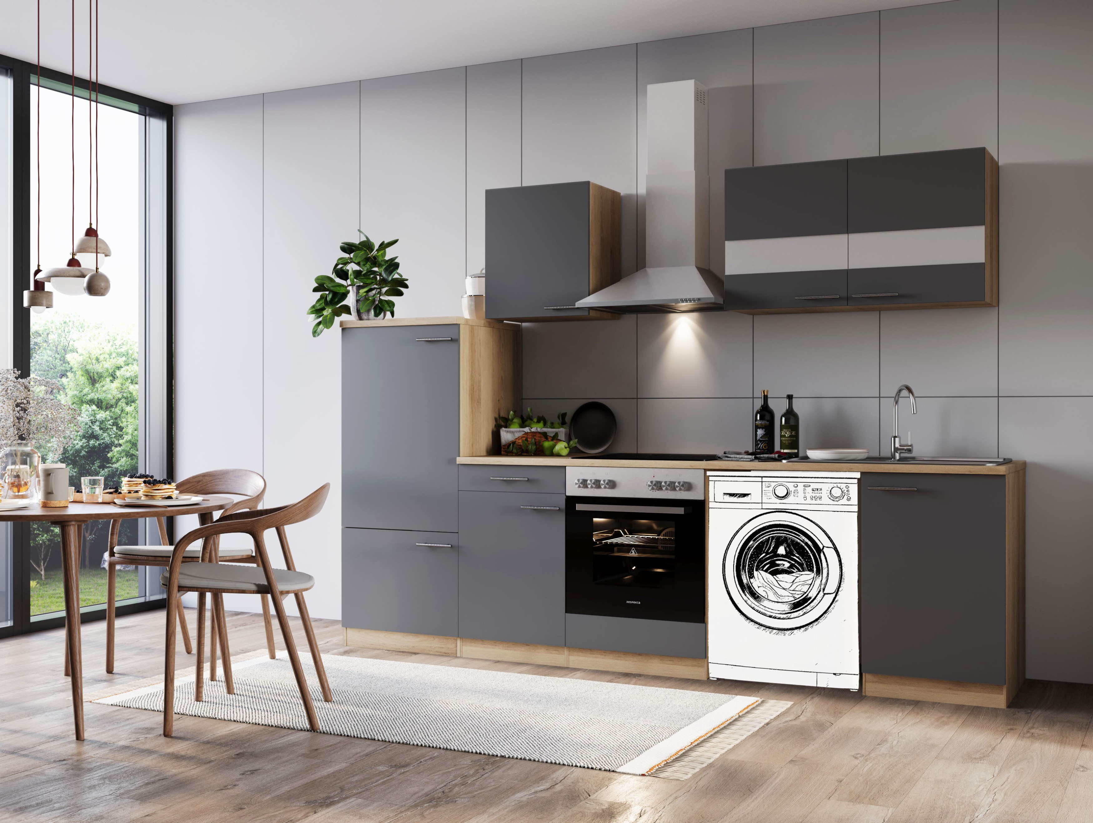 Küche Küchenzeile für Unterbau Waschmaschine Eiche Grau Merle 280 cm Respekta Küche Küchenzeile für Unterbau Waschmaschine Eiche Grau Merle 280 cm Respekta