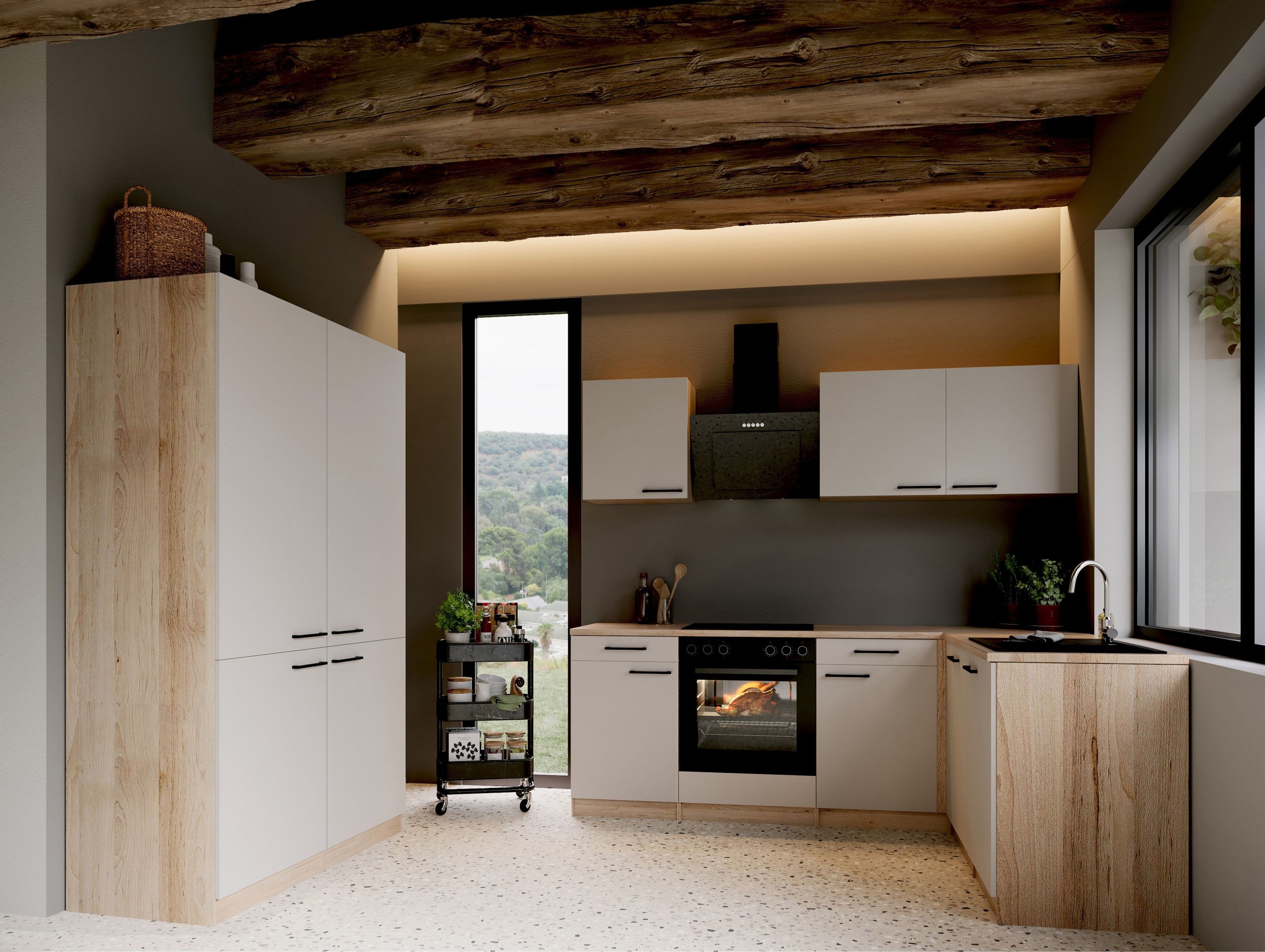 Respekta Küche L-Küchenzeile Merle mit Einbaukühlschrank French Door Optik 340 cm – Kaschmir / Eiche Sägerau Nachbildung