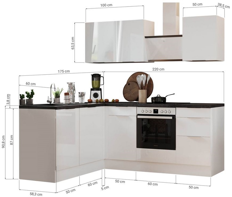 Küche vormontierte L - Küche 220 x 175 cm wechselseitig aufbaubar incl. Geräte Respekta Selection Elisabeth Grau  Artisan 