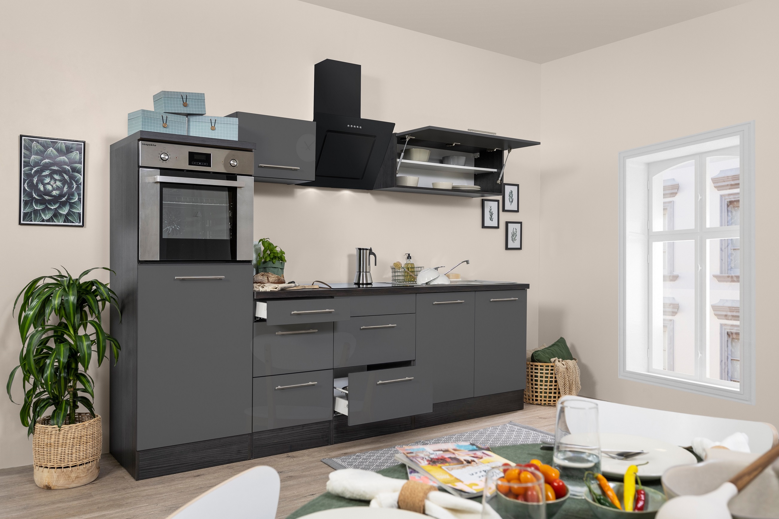 respekta blocco cucina cucina montato cucina 270cm rovere lucido grigio