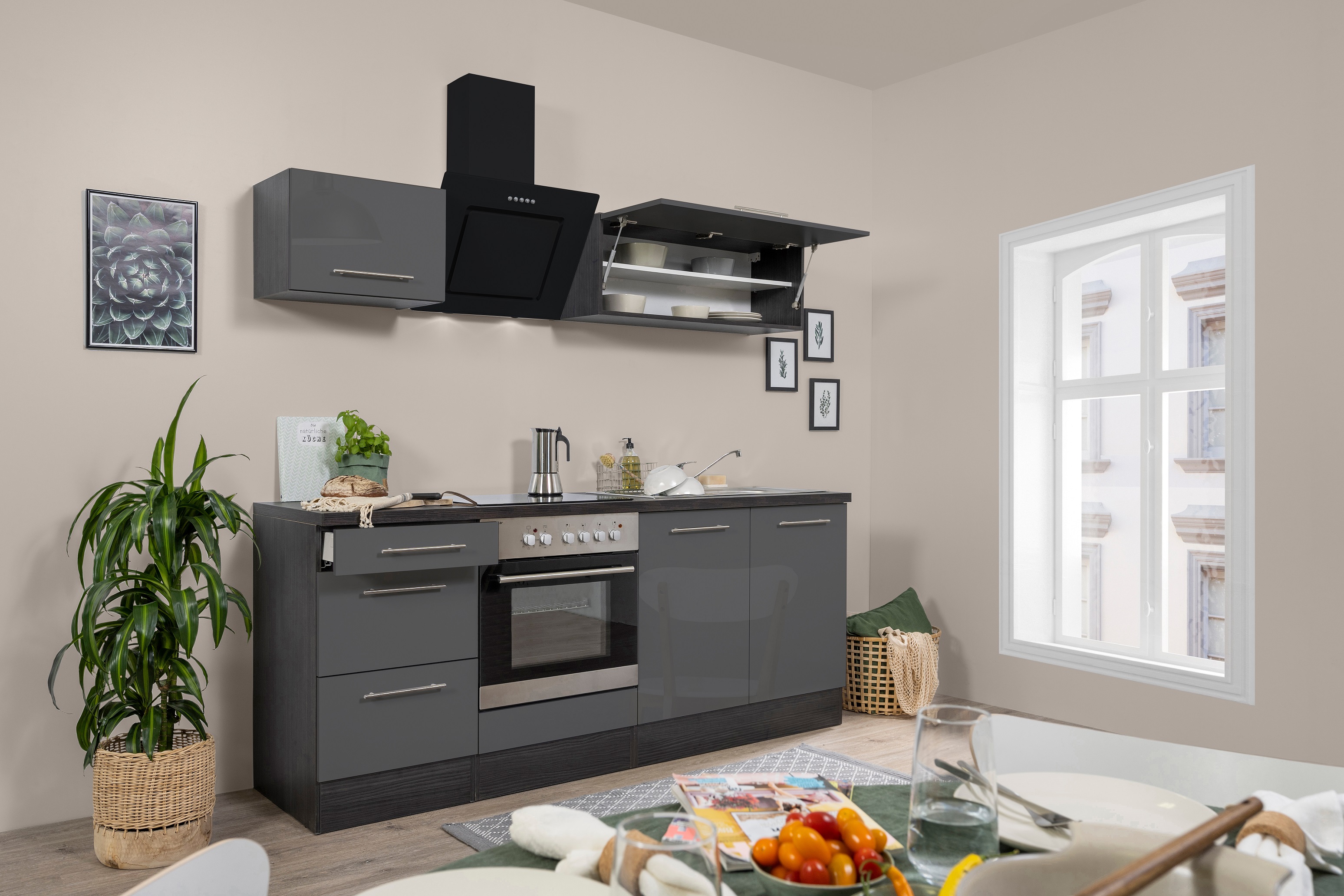 respekta kitchen unit kitchen block fitted kitchen high gloss 210 cm oak grey