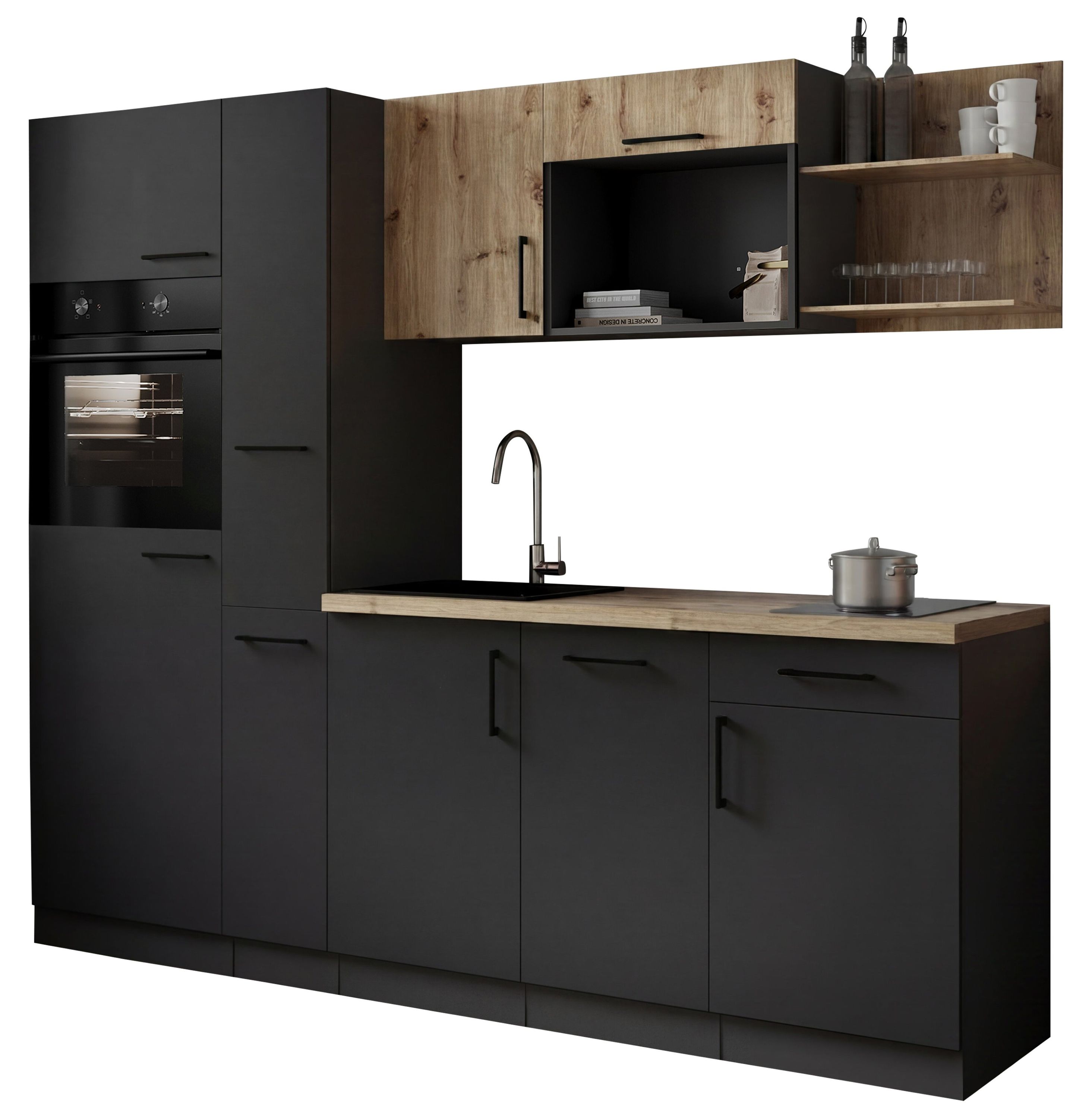 Respekta Küche Küchenzeile Oliver Singleküche 235 cm mit Fronten in – Grau Matt / Artisan Eiche Nachbildung