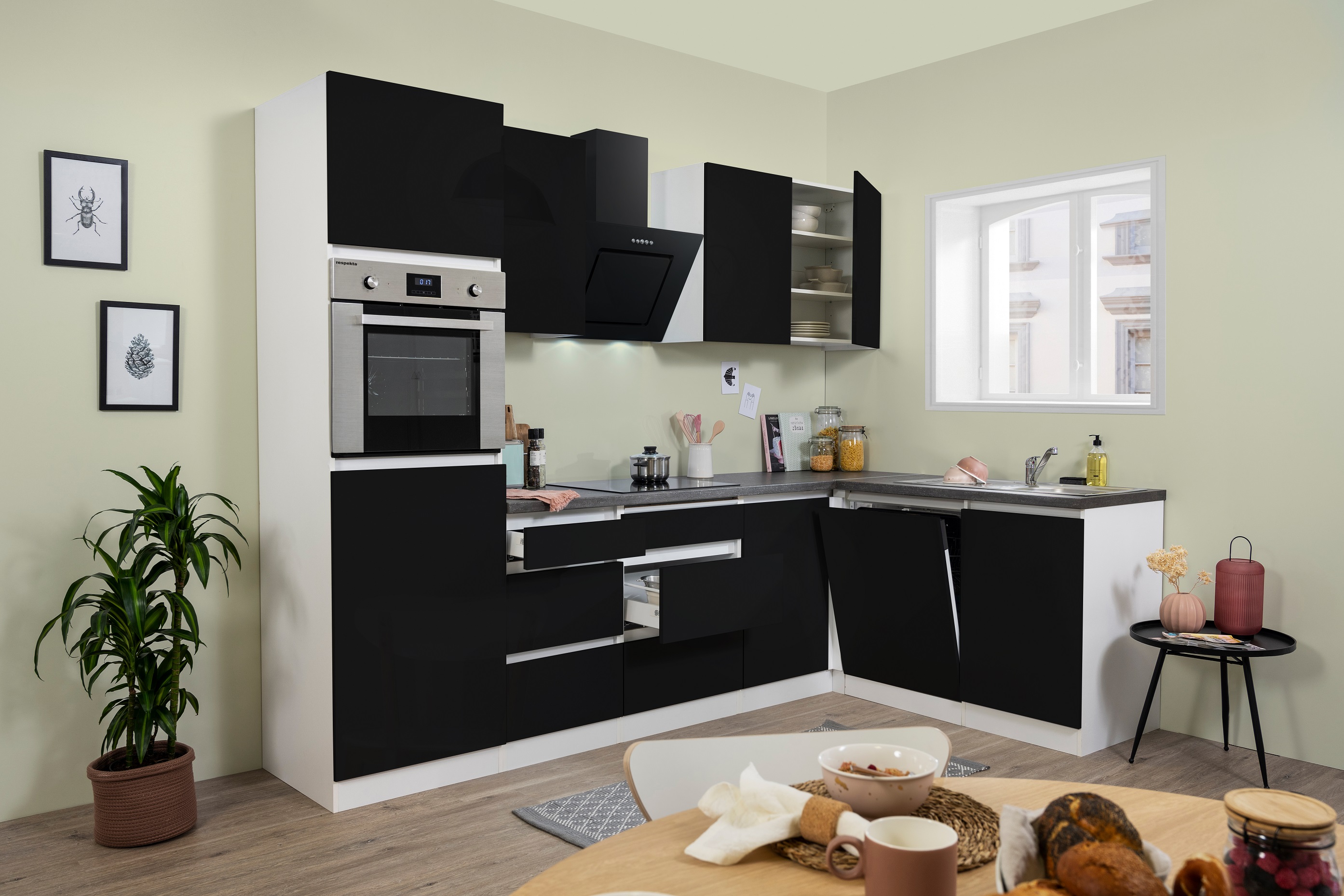 Angle kitchen Kitchenette L-shape kitchen handleless black 280x172 cm respekta