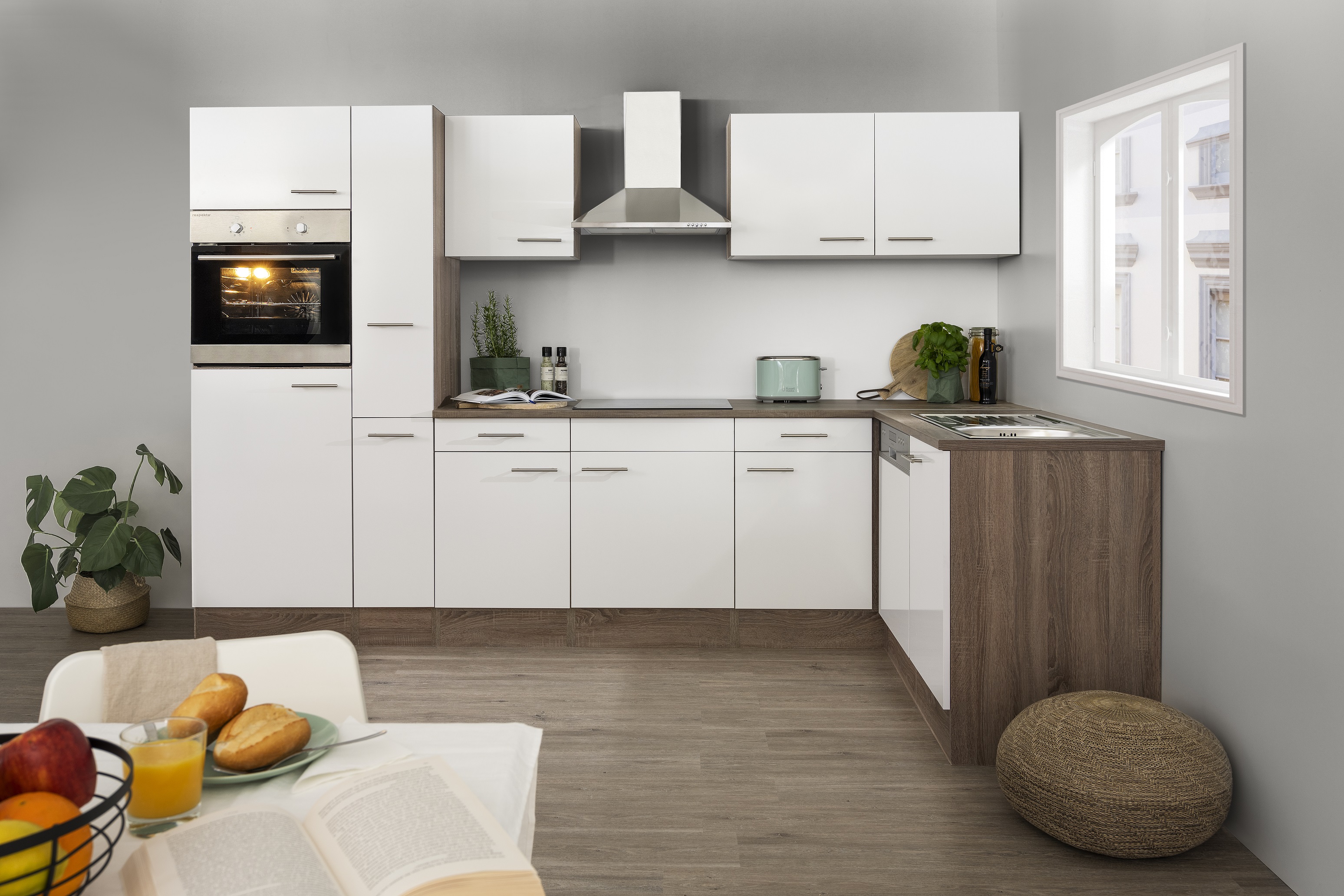 Winkelküche Küchenzeile L-Form Küche Einbauküche weiß schwarz 310x172cm respekta 