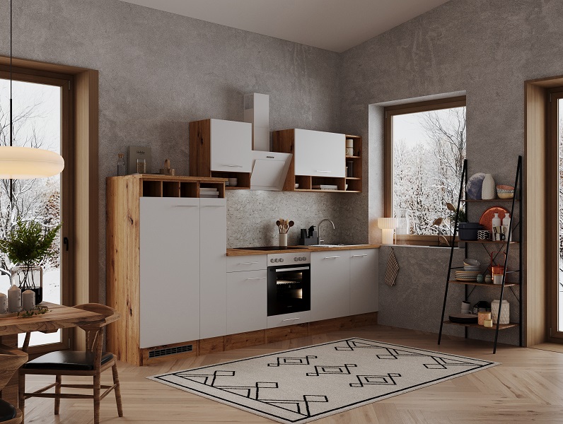 Küche Küchenzeile Küchenblock Einbauküche Eiche Weiß Hilde 310 cm  Respekta
