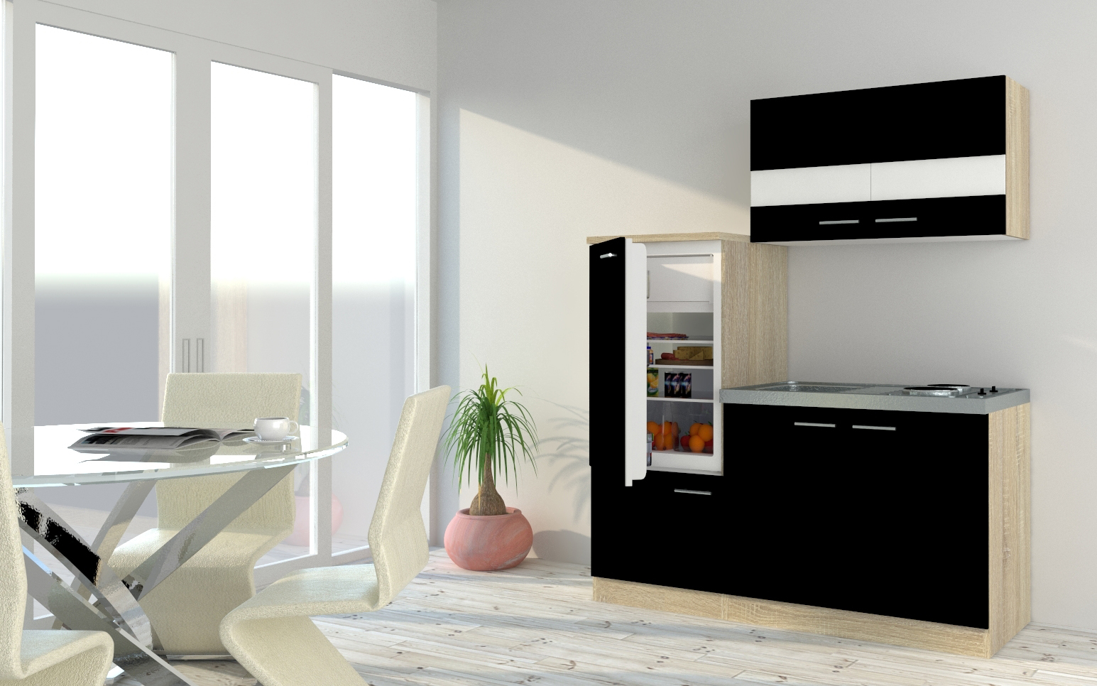 Küche Miniküche Single Eiche Schwarz  Kühlschrank Luis 160 cm Respekta