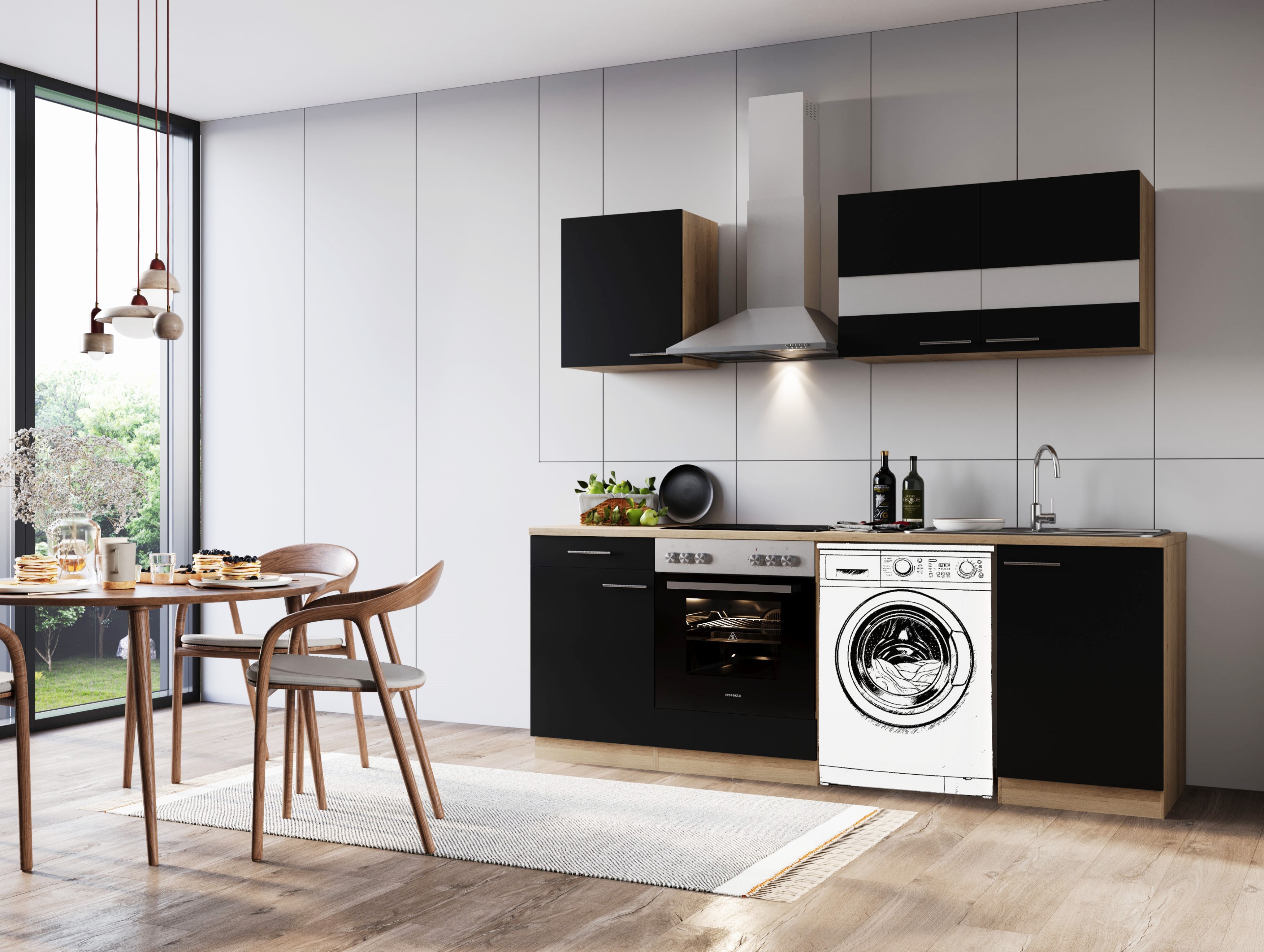 Küche Küchenzeile für Einbau Waschmaschine Eiche Schwarz Merle 220 cm Respekta Küche Küchenzeile für Einbau Waschmaschine Eiche Schwarz Merle 220 cm Respekta