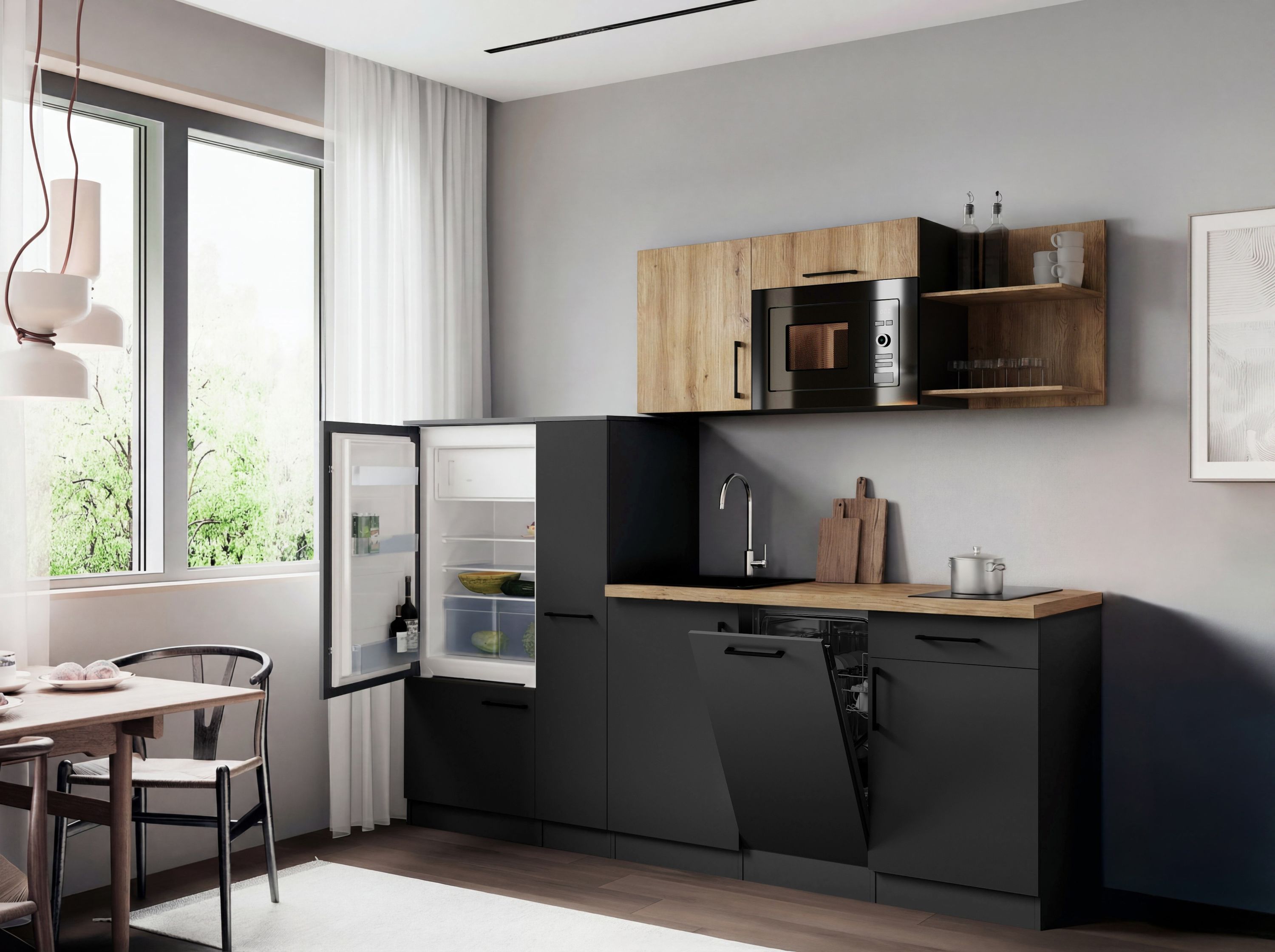 Respekta Küche Küchenzeile Oliver Singleküche 235 cm mit Fronten in – Grau Matt / Artisan Eiche Nachbildung