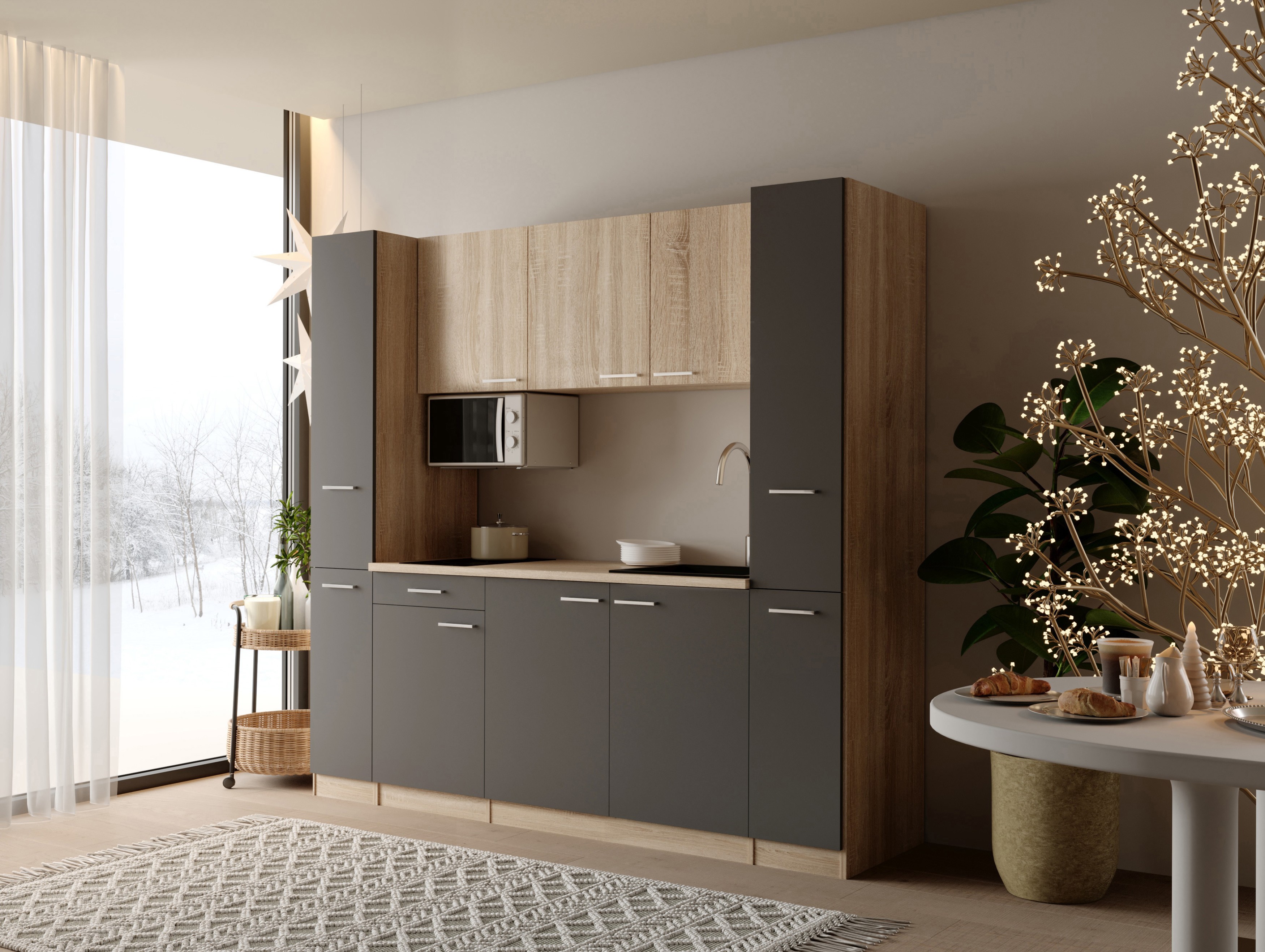 Küche Küchenzeile Singleküche Eiche Grau Ingrid 210 cm ohne Kühlschrank Respekta