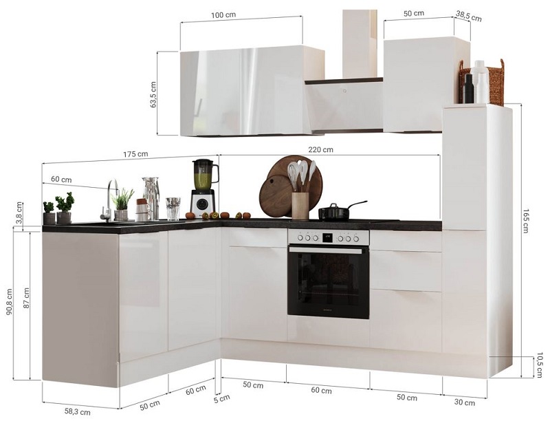 Küche vormontierte L - Küche 250 x 175 cm wechselseitig aufbaubar incl. Geräte Respekta Selection Elisabeth Weiß 