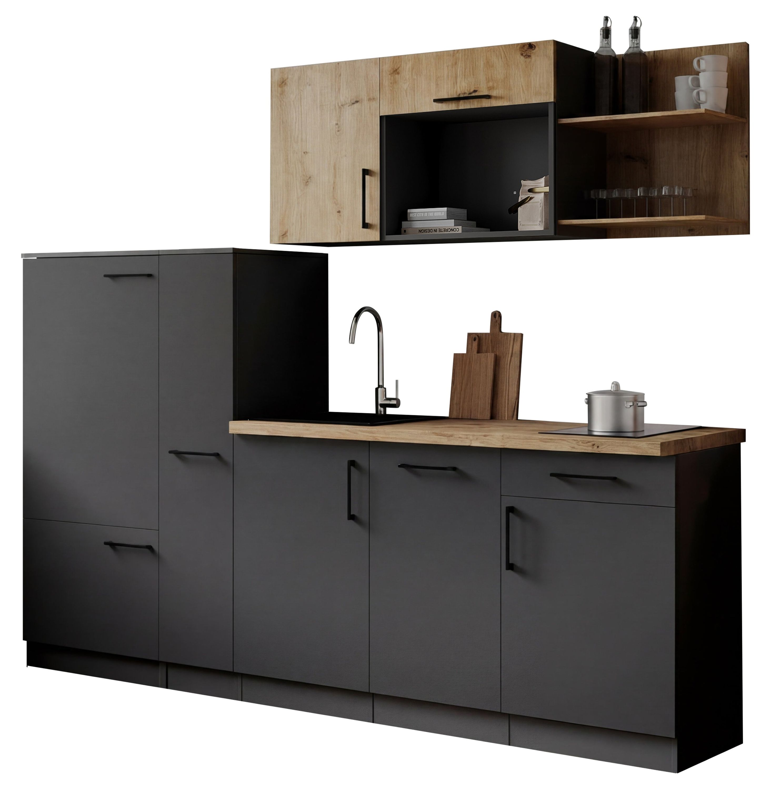 Respekta Küche Küchenzeile Oliver Singleküche 235 cm mit Fronten in – Grau Matt / Artisan Eiche Nachbildung