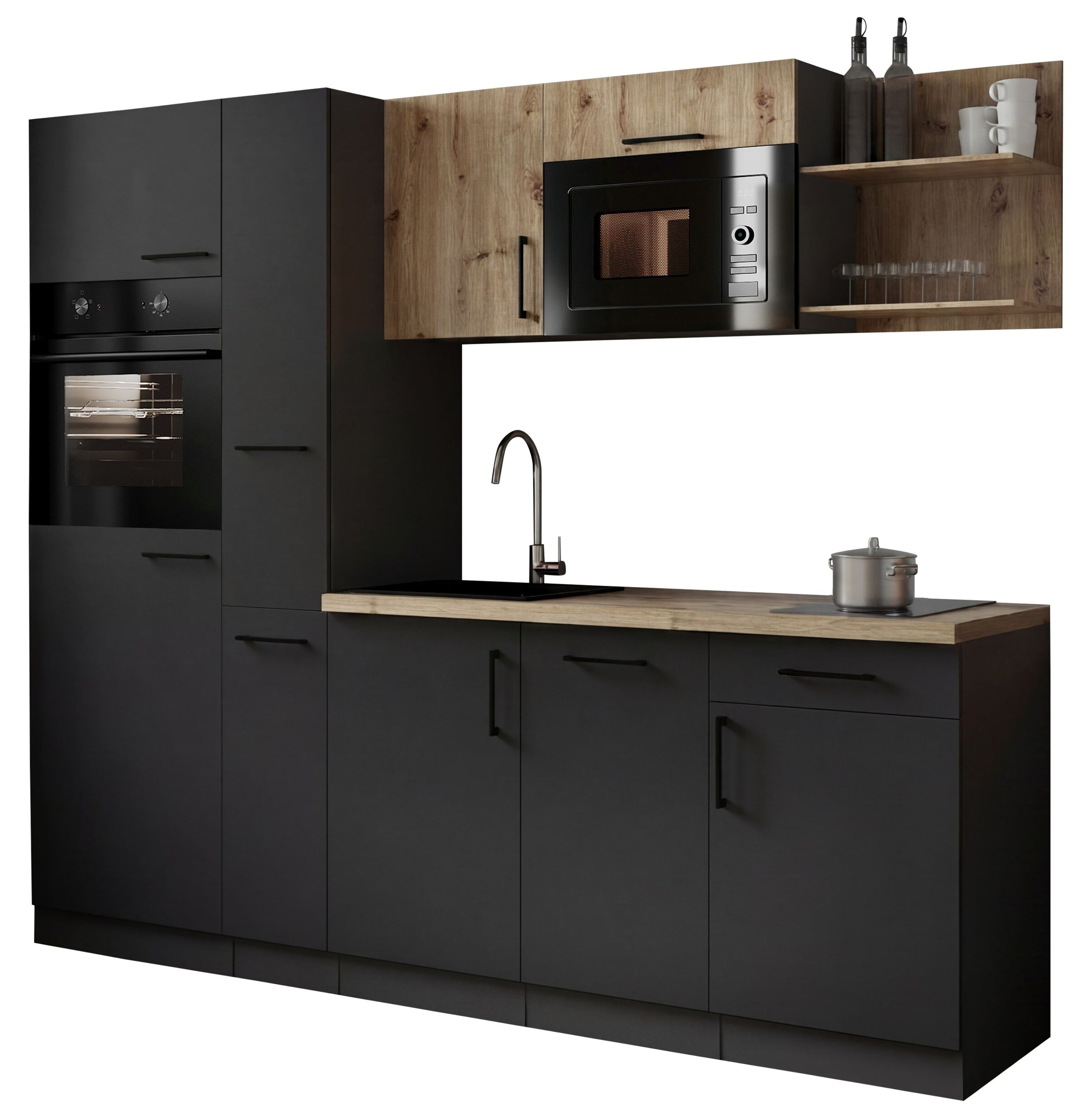 Respekta Küche Küchenzeile Oliver Singleküche 235 cm mit Fronten in – Grau Matt / Artisan Eiche Nachbildung