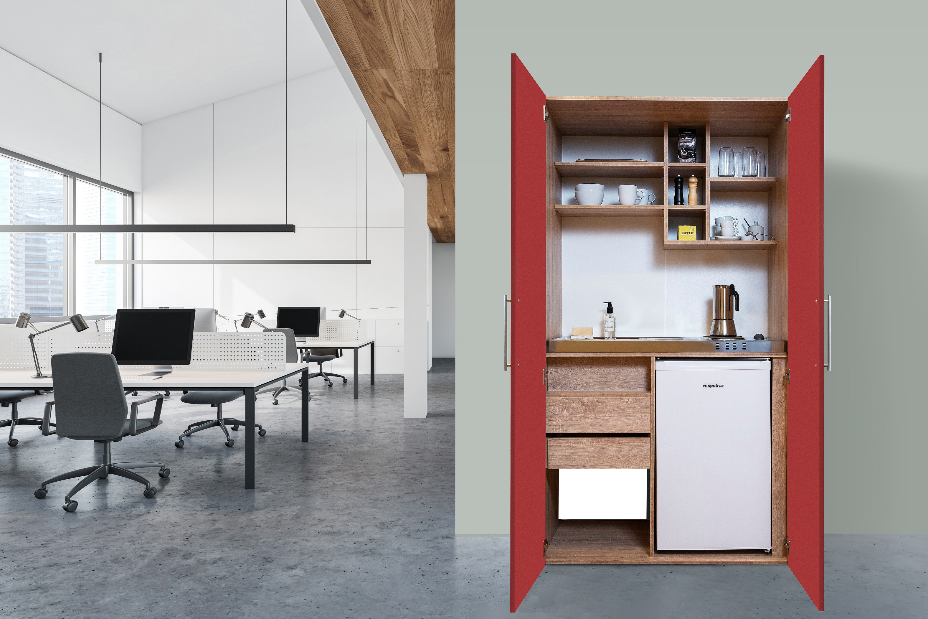 Küche Büroküche Miniküche Singleküche Eiche Rot Peter 104 cm Respekta