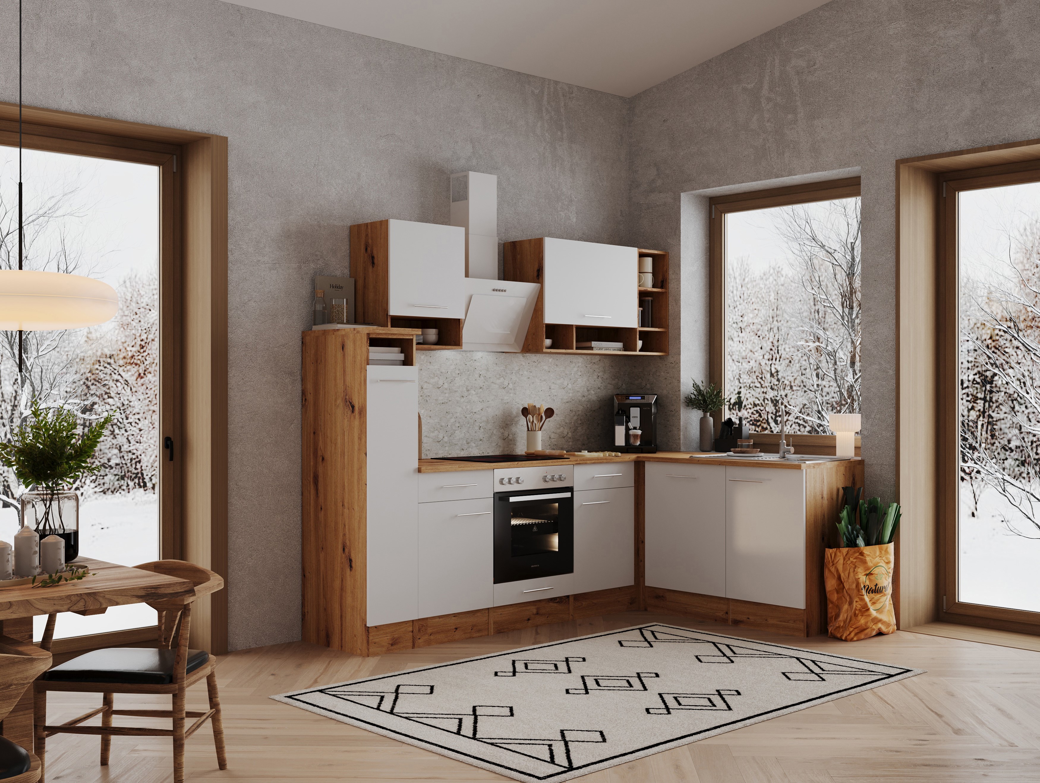 Küche Küchenzeile Leerblock  Winkelküche Eiche Weiß Hilde 250x172 cm Respekta