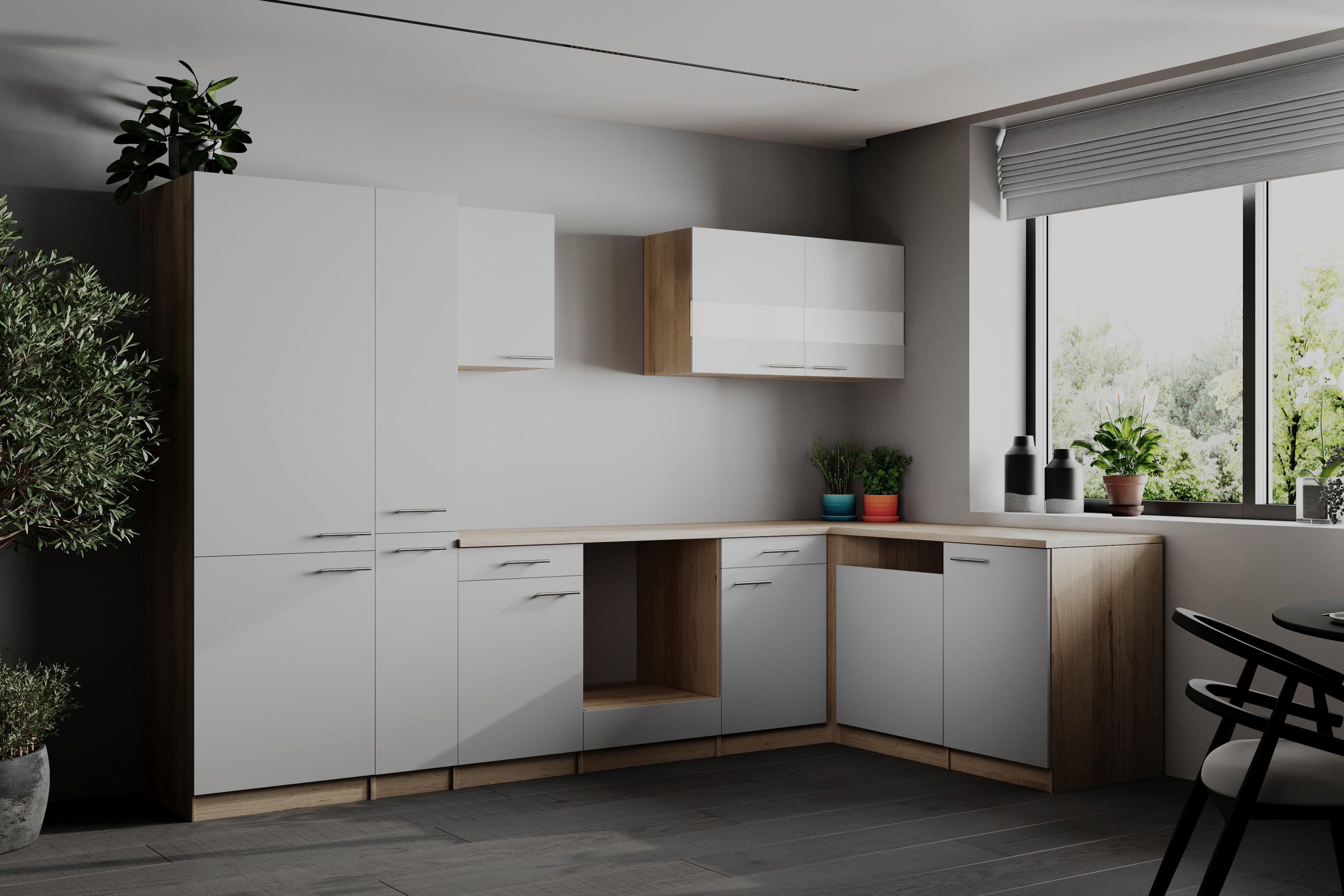 L Küche Einbau Winkelküche Leerblock Eiche Sägerau Weiß Merle 310 cm Respekta