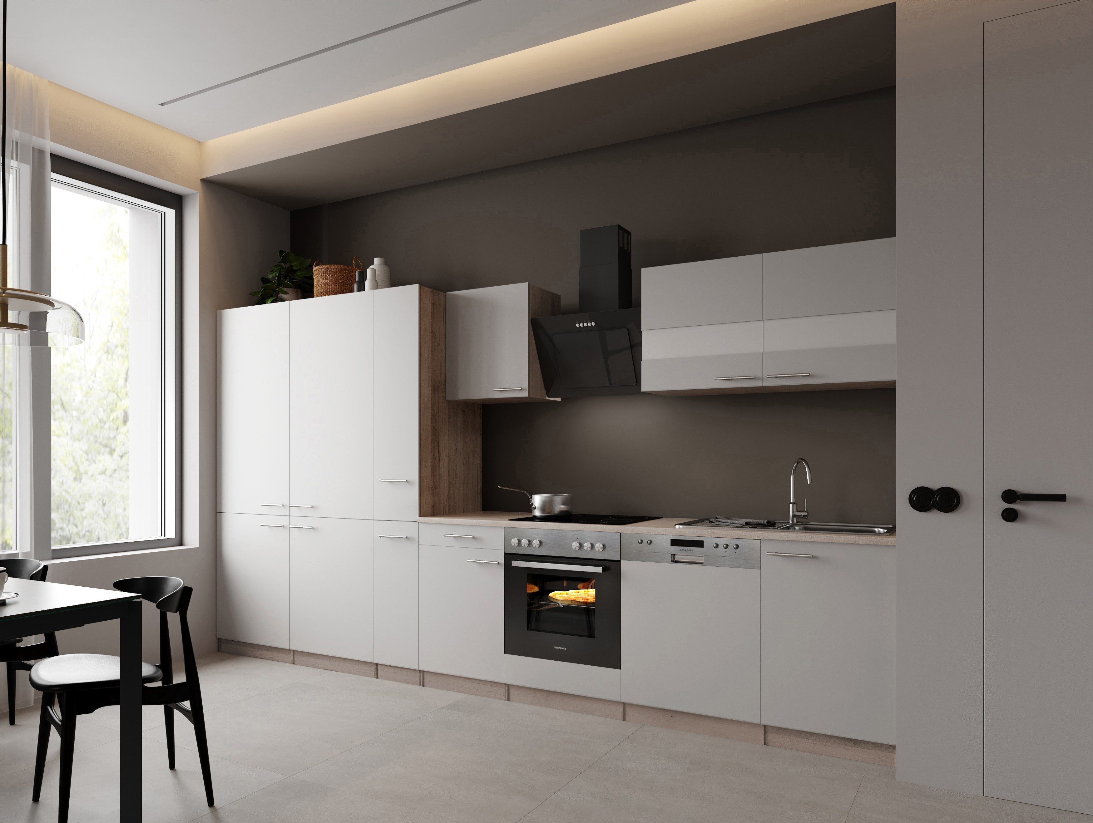 Einbauküche Küchenzeile Eiche Sägerau Weiß Merle 370 cm French Door Respekta