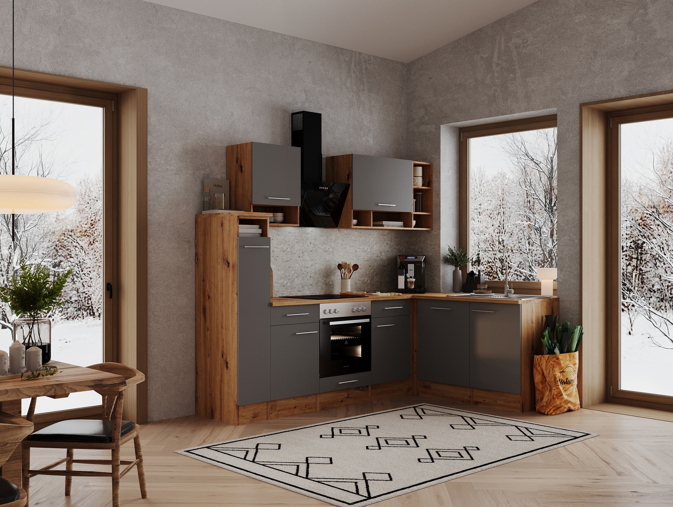 Angle kitchen kitchen unit L-shape kitchen fitted kitchen oak grey 250x172 cm respekta