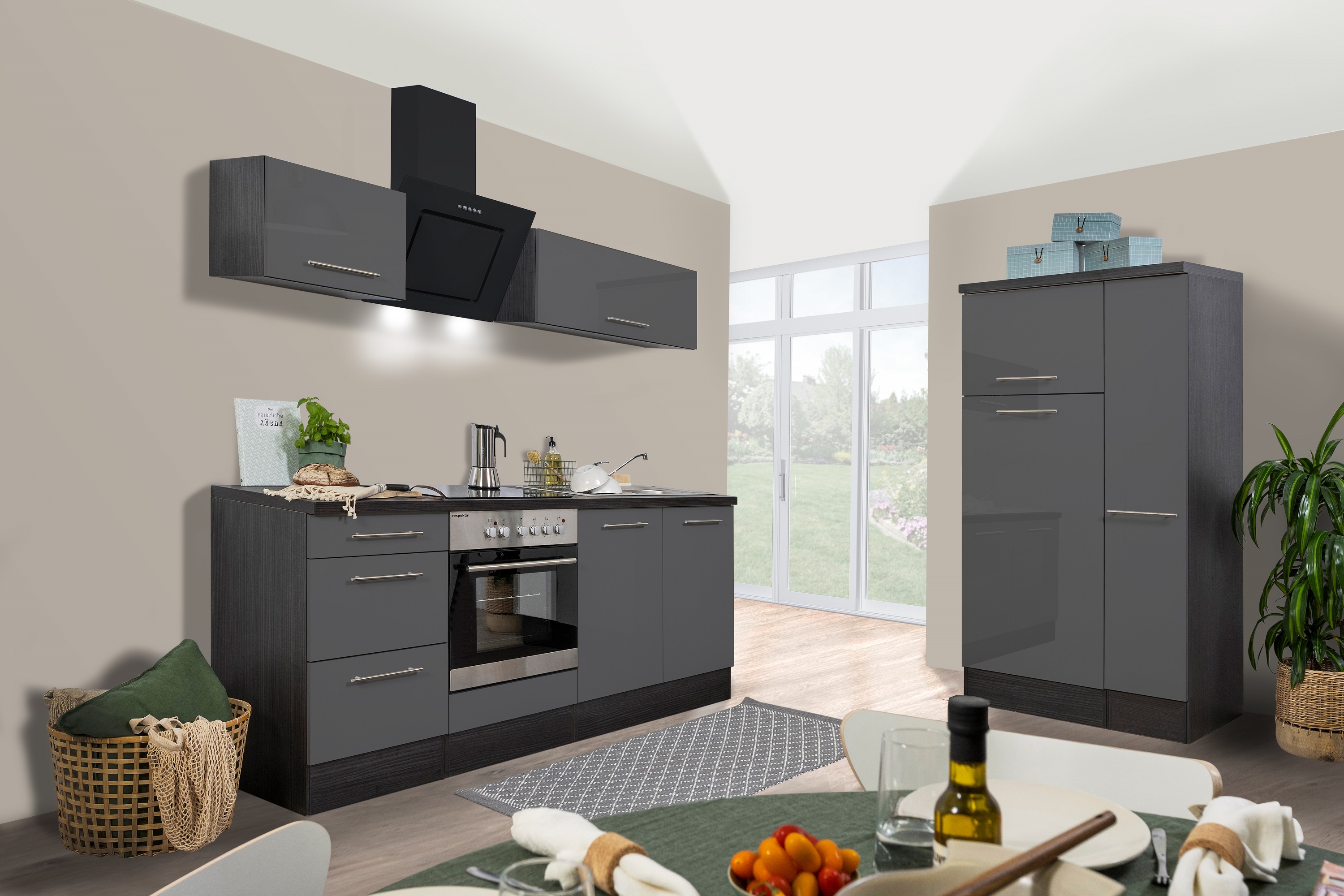 respekta kitchen unit kitchen block fitted kitchen high gloss 300 cm oak grey