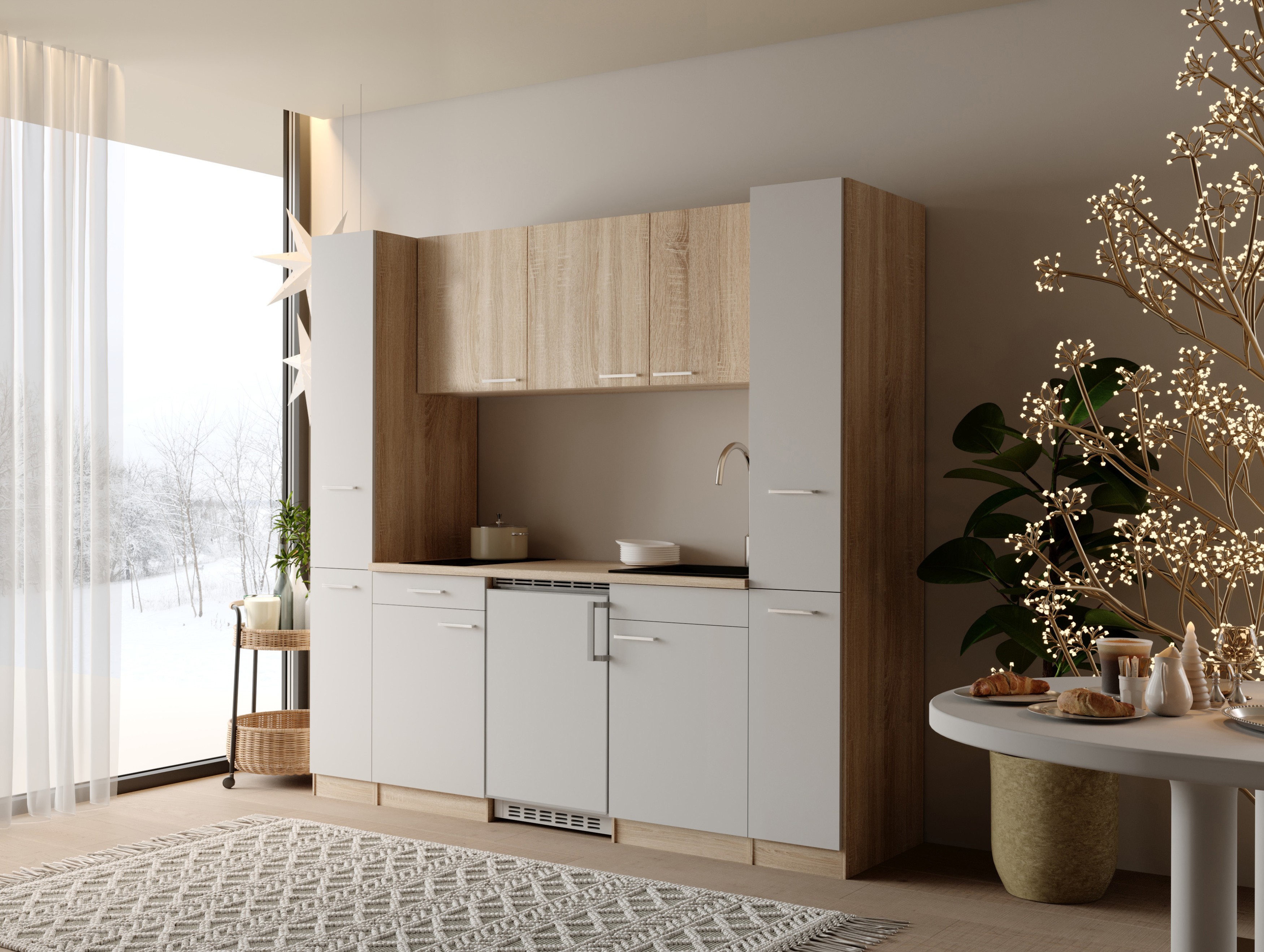 Küche Küchenzeile Einbauküche Singleküche Eiche Weiß Ingrid 210 cm Respekta